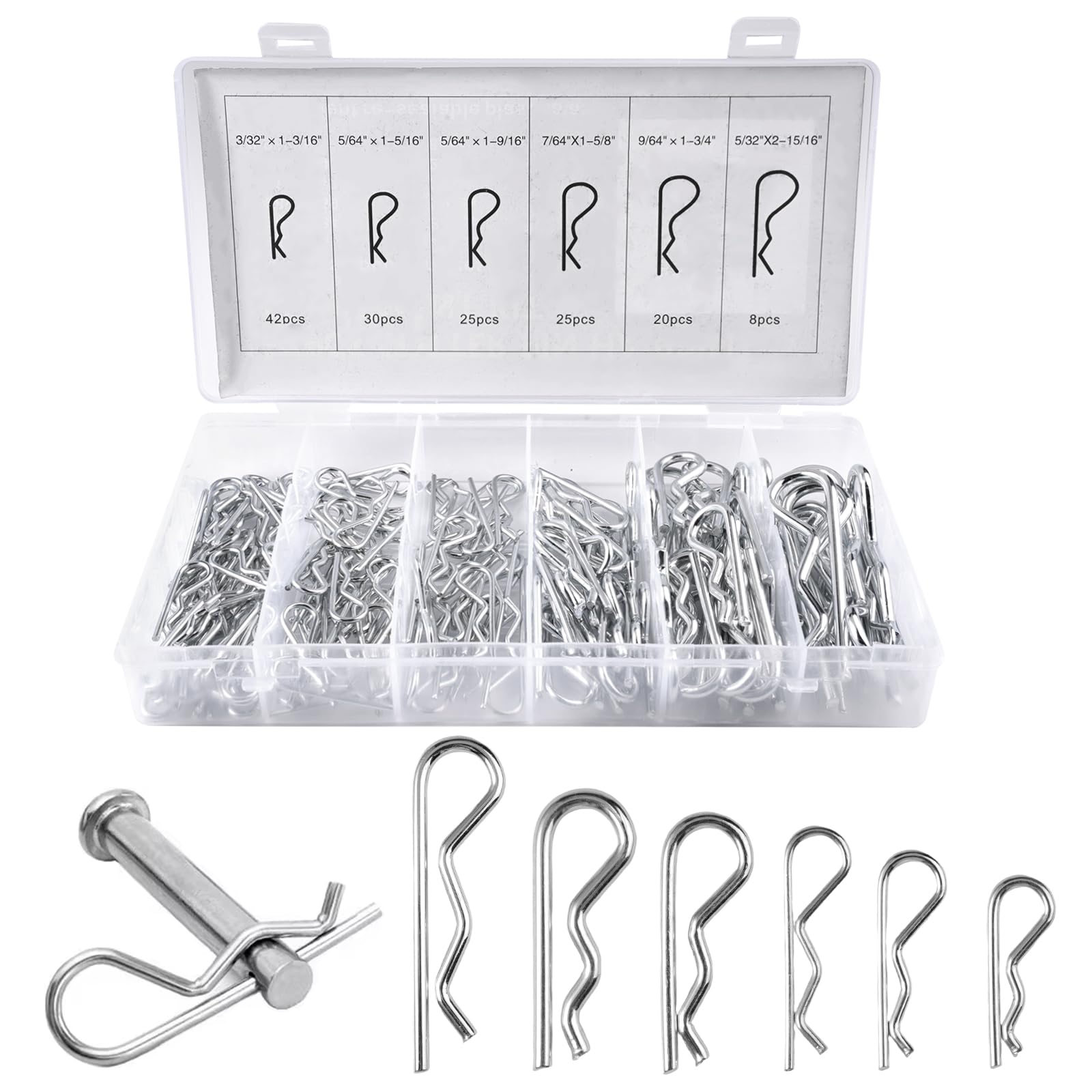 150 Pezzi Coppiglie Elastiche Acciaio per Molle, 6 Coppiglie R Clip Coppiglie a Molla con Scatola di Immagazzinaggio, R Clip Perni di Fissaggio in Acciaio Zincato, per Auto, Meccanica, Garage,Officina