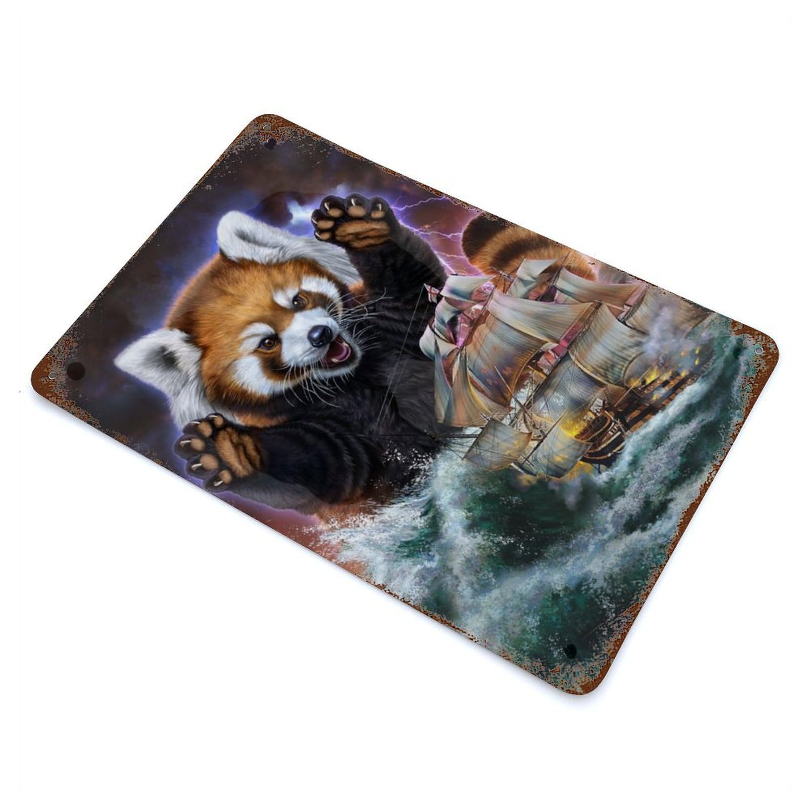 Monster Red Panda Kraken Aged Metal Wall Plaque 11.8"x7.9", Industrial Home Decor for Pub, Kitchen And Man Cave Decor