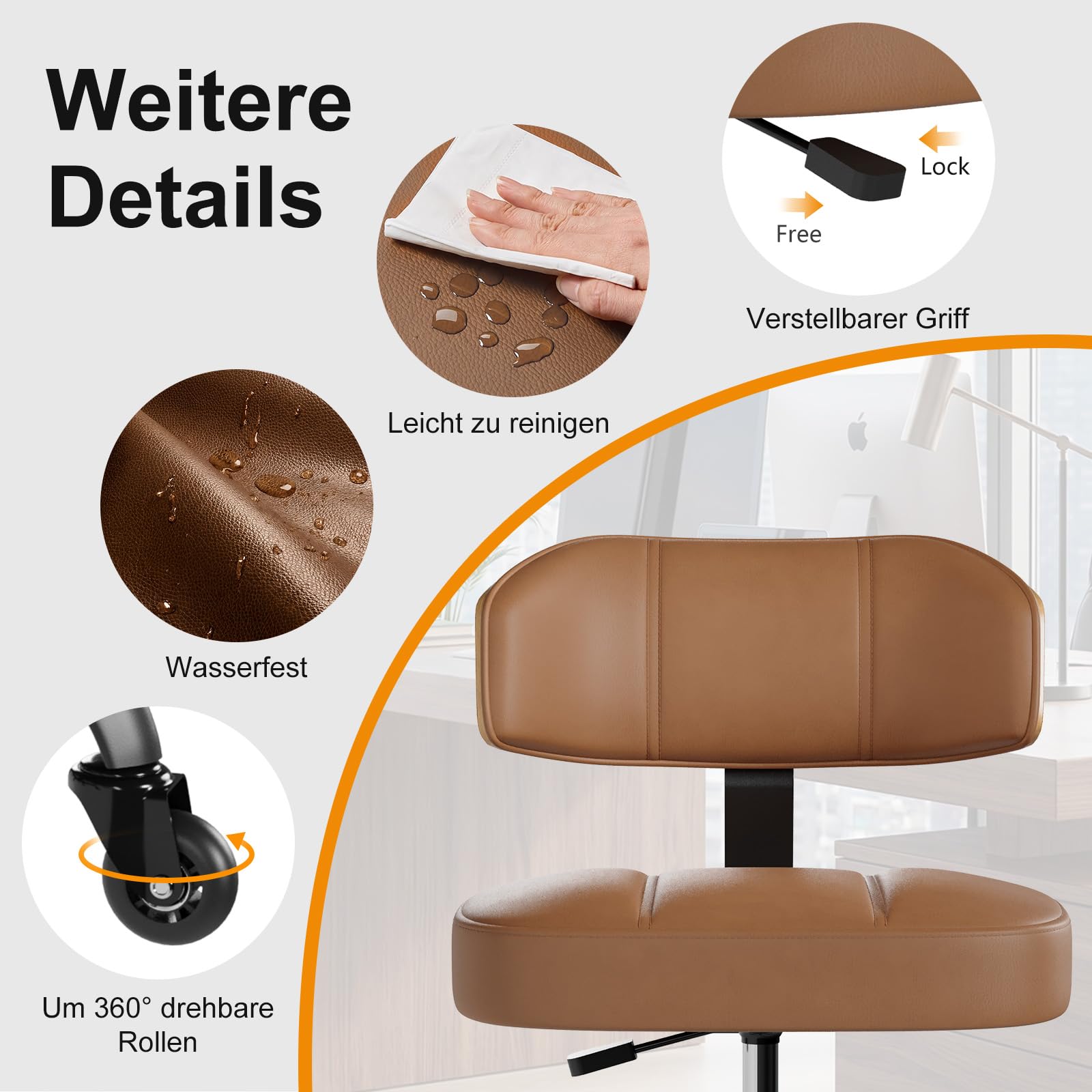 Bürostuhl ohne Armlehnen Drehstuhl 360° Schreibtischstuhl mit Rollen höhenverstellbar PU-Leder für Arbeitszimmer Schlafzimmer Homeoffice Schminkbereich Operationssaal Labor Schwarz Braun