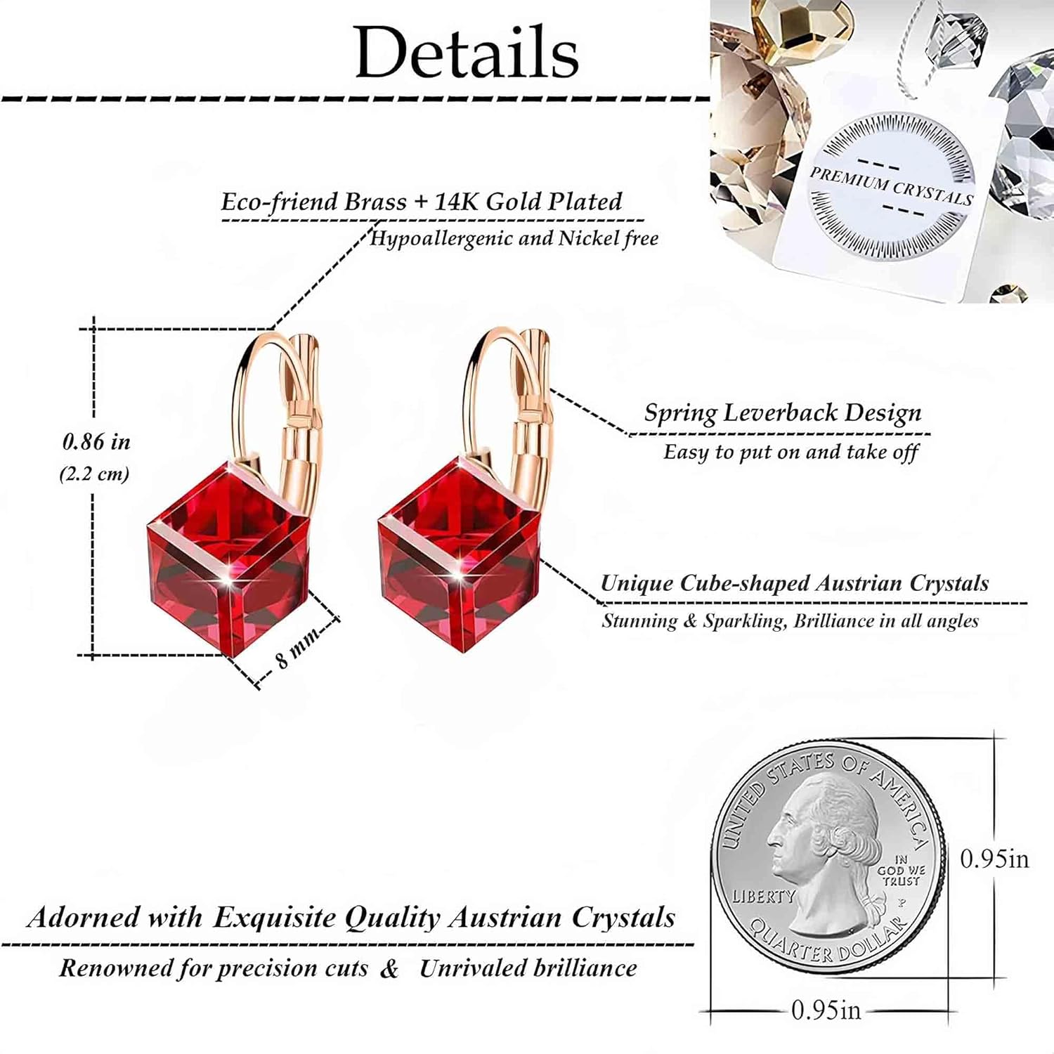 Cube Austrian Crystal Drop Leverback Earrings for Women Fashion 14K Rose Gold Plated Hypoallergenic Jewelry - Image 4