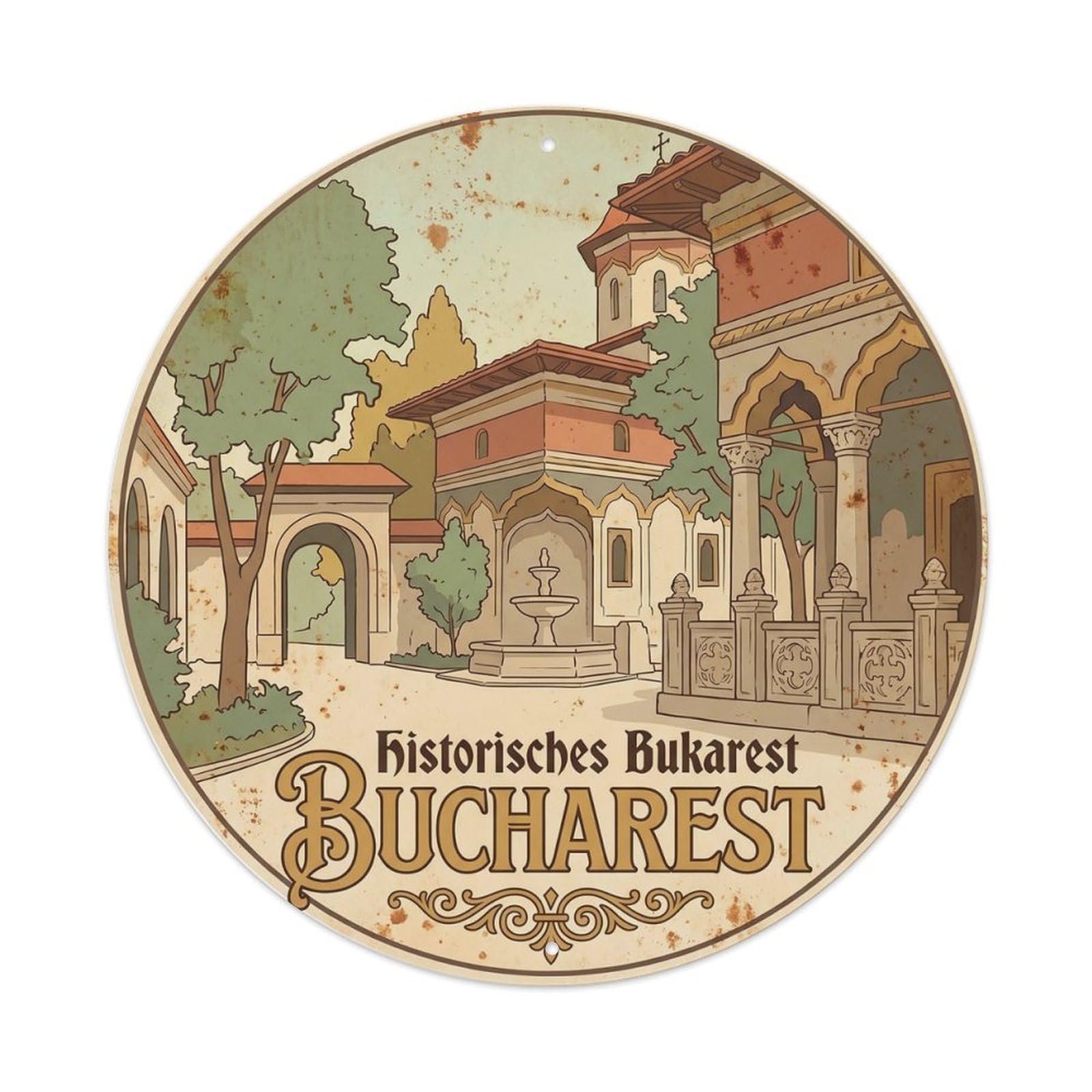 Bucharest Monastery Expedition Heritage Destination Scenic Metal Tin Sign Plaque Wall Decor for Cafe, Man Cave, Club Bar, Office, Home Garden Round Metal Poster 8x8Inch