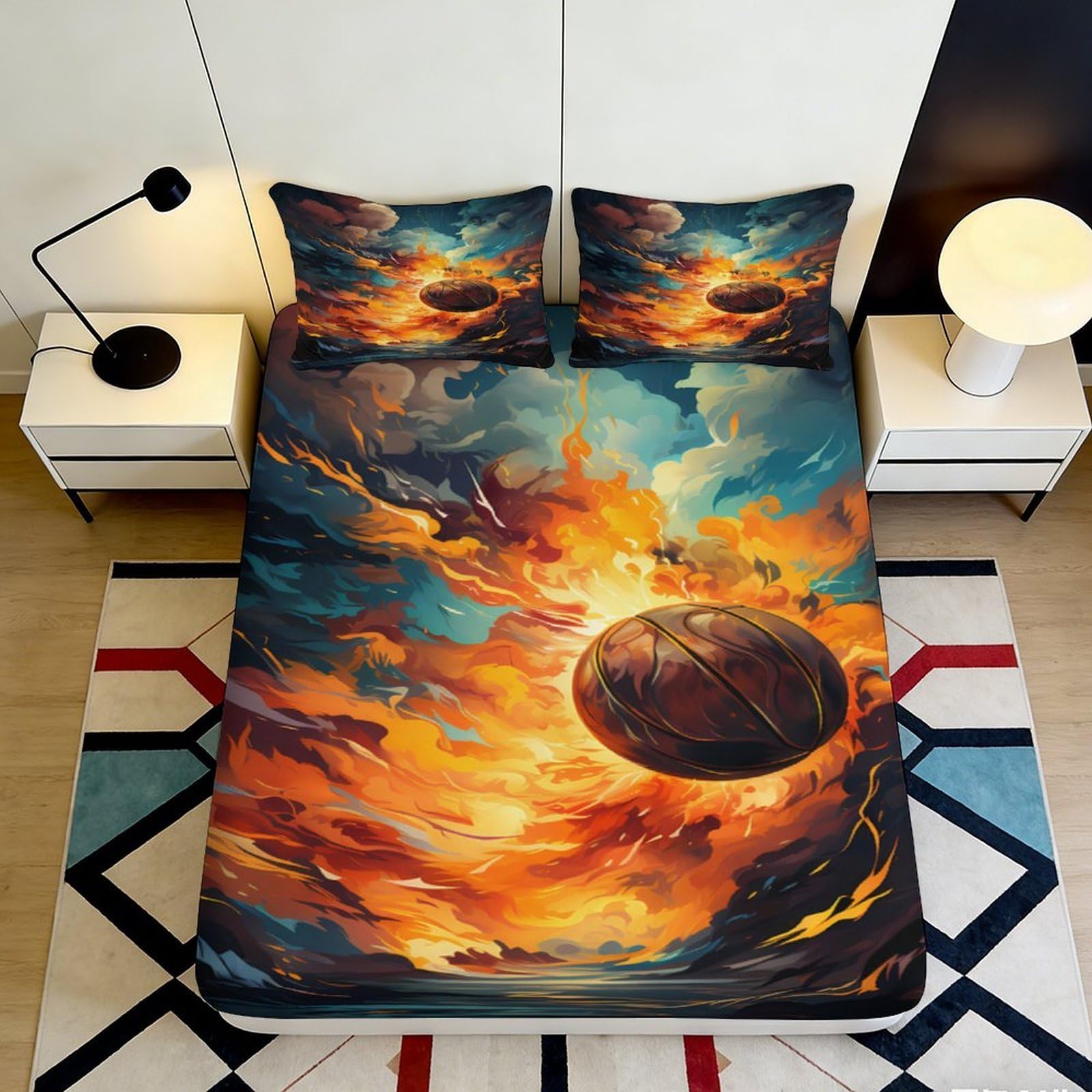 3D Printed Basketball Fire Sky Fitted Sheet Microfiber Soft Anti-Slip Cosmic Cloud Mattress Cover Bedroom Decor 90x200x25cm