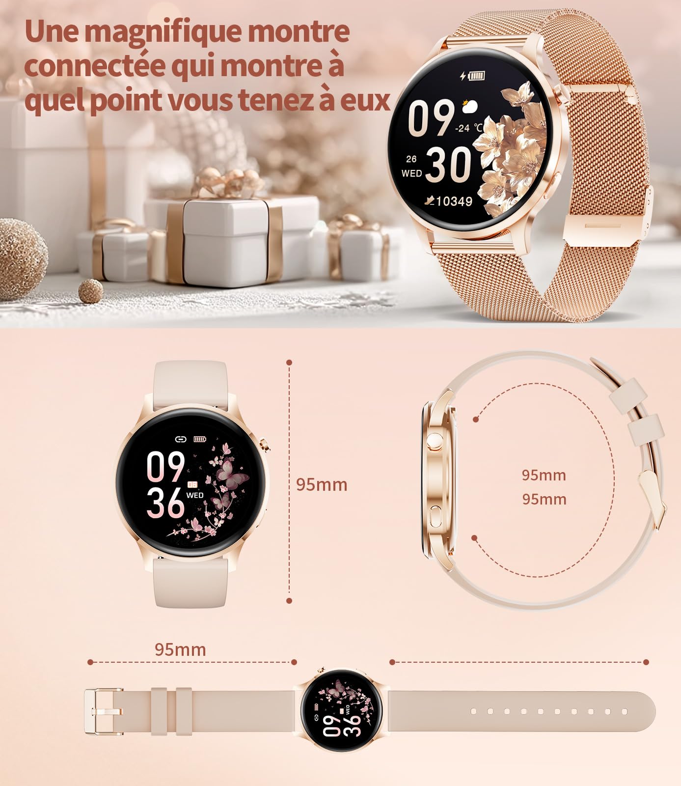 Montre Connectée Femme avec Appel Bluetooth, 1.32" AMOLED Smartwatch, 120+Sportif Sommeil, Podomètre, Fréquence Cardiaque/Sommeil/IP68 Étanche Montre Running Compatible pour Android iOS (Doré)