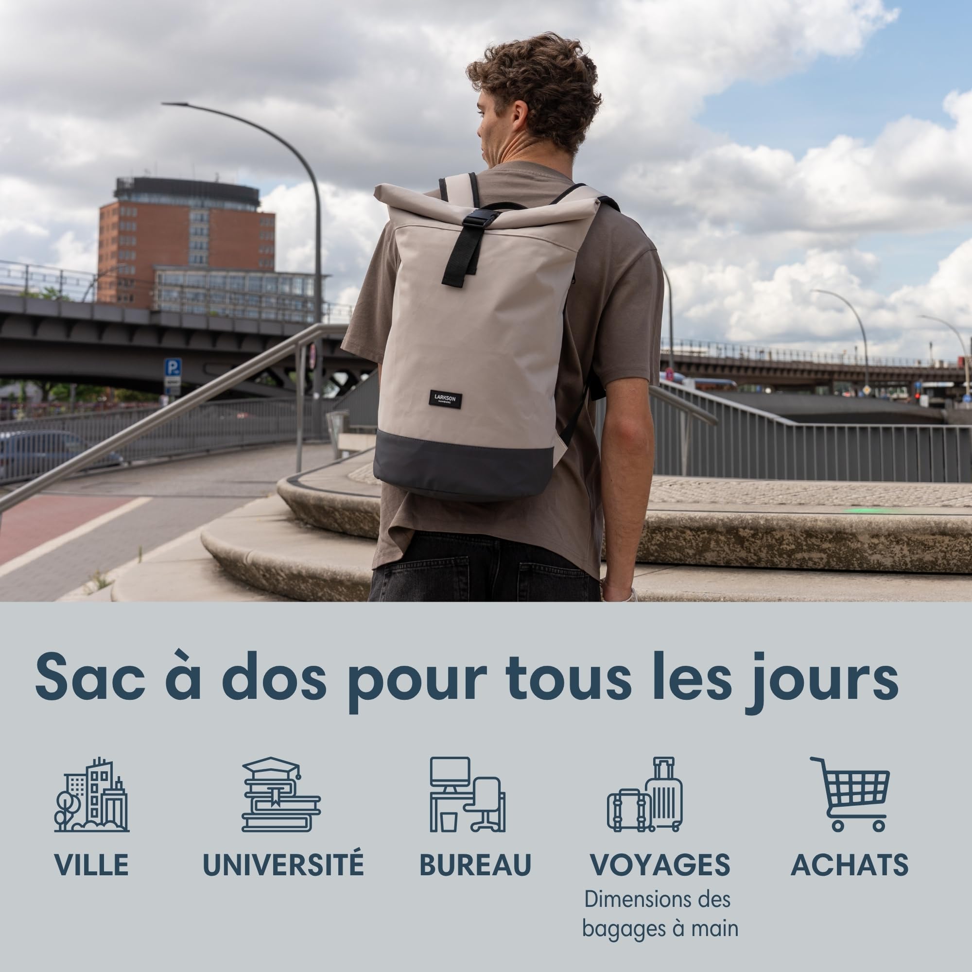 LARKSON Sac à Dos Femmes & Hommes Beige Gris - Janne Small - Petit Sac à Dos Rolltop avec Compartiment pour Ordinateur Portable - Pour Université Travail Voyages & Vélo - Hydrofuge