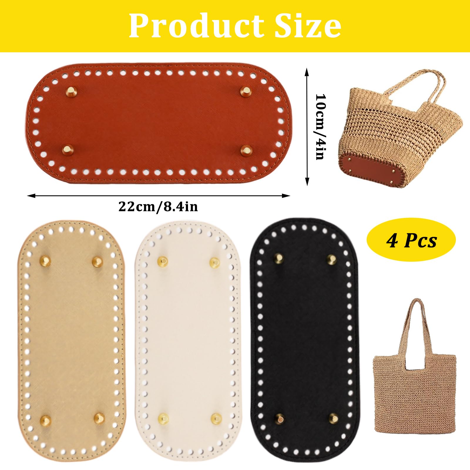Begpoee Pack of 4 Bag Base PU Leather, Bottom Bag Crochet, Oval Bag Base PU Leather, Knitting Crochet PU Bag Base, 22 x 10 cm - Image 2