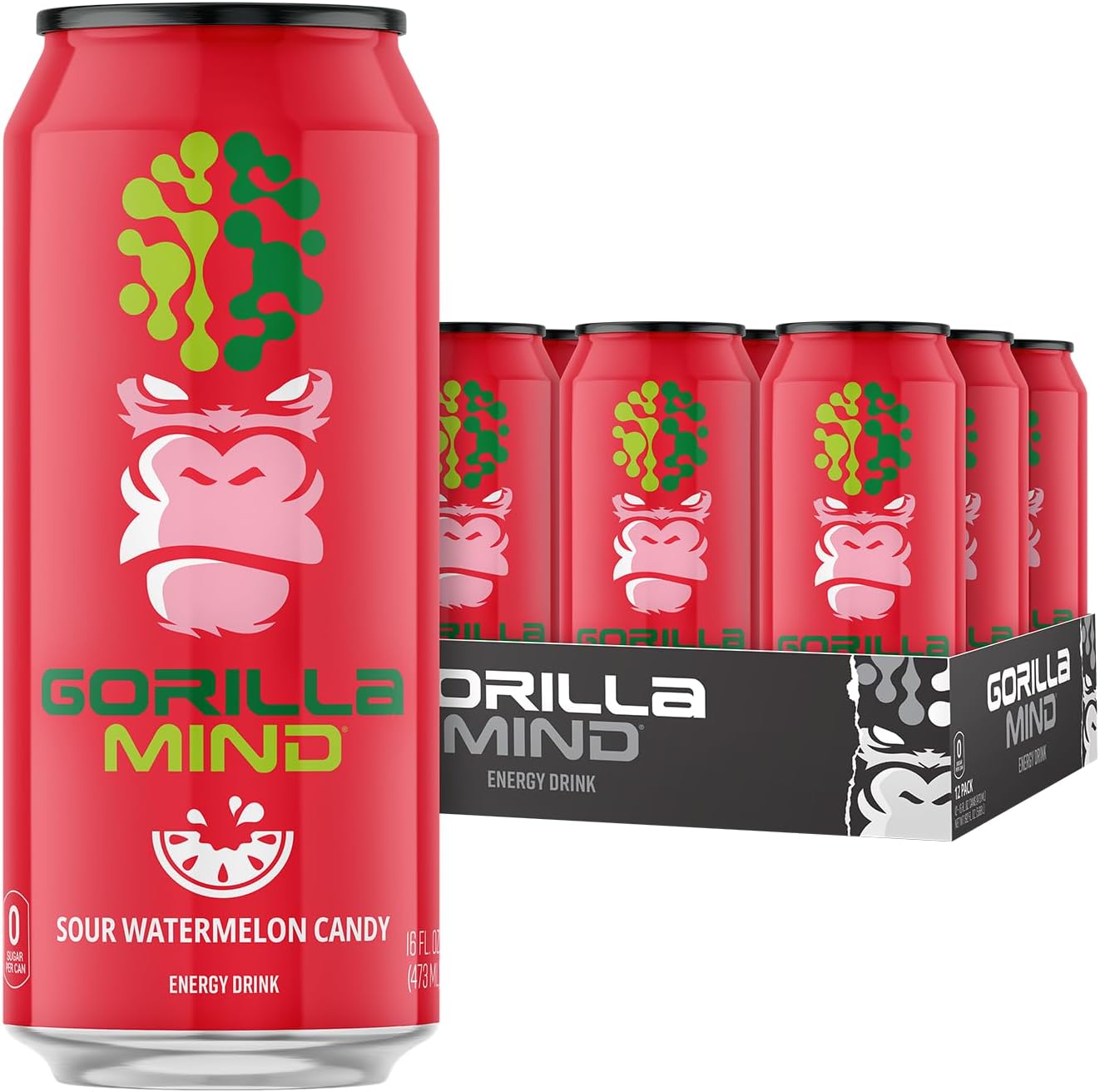 Gorilla Mind Energy Drink | Unmatched Energy · Amplified Focus | N-Acetyl-L-Tyrosine, Alpha-GPC, 200mg Caffeine, Uridine, Saffron | 0 Sugar Or Artificial Colors | 16oz, 12-Pack (Sour Watermelon Candy)