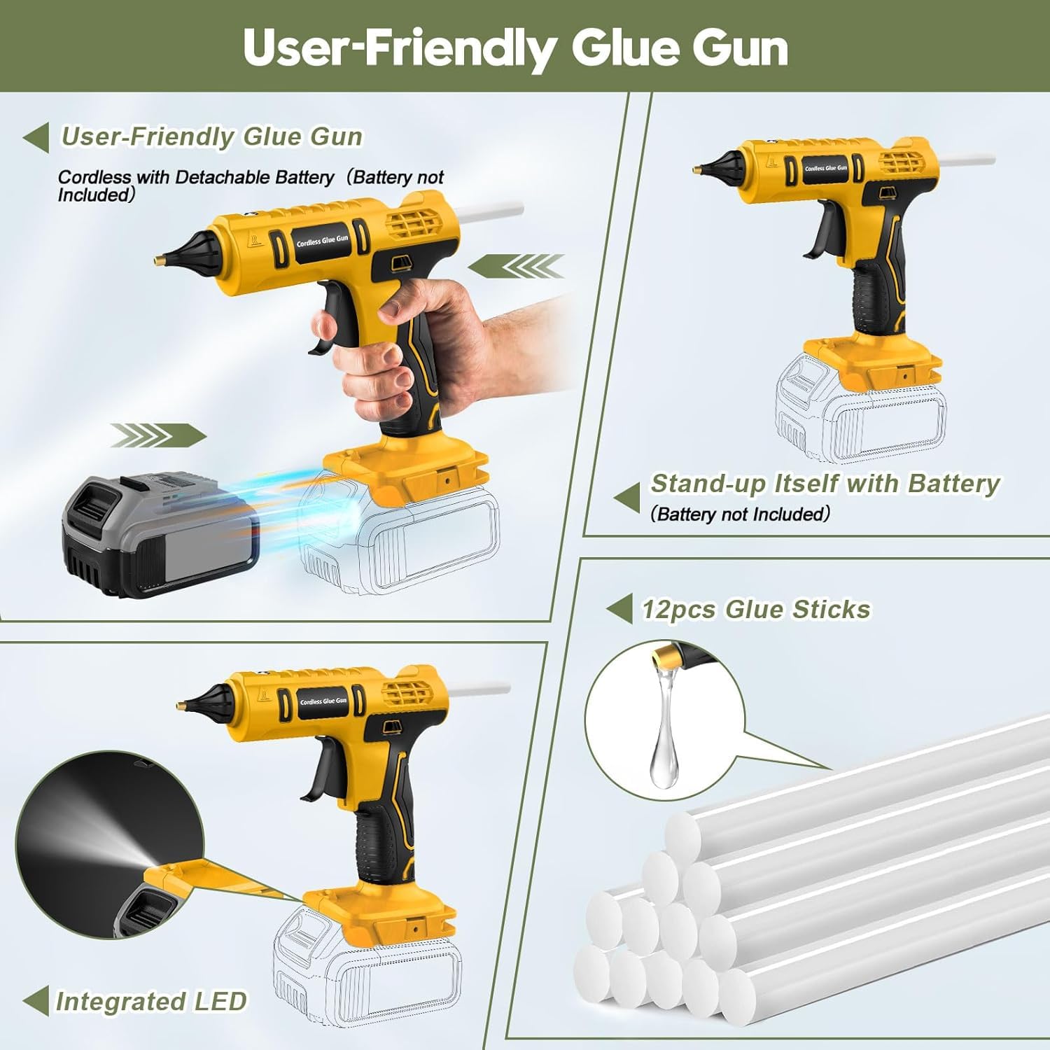Pistolet à colle chaude sans fil 100 W pour batterie DeWalt 20 V (sans batterie), kit de pistolet à colle chaude sans fil pleine taille avec 12 grands bâtons de 1,1 cm pour travaux manuels et
