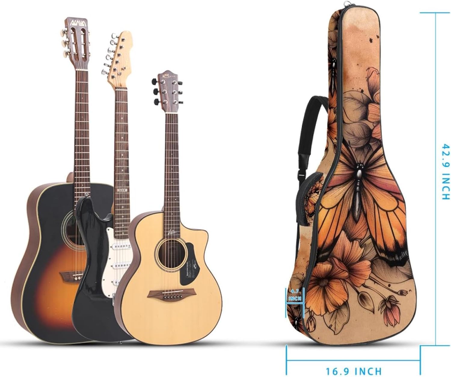 Acoustic Guitar Bag 0.4 Inch Thick Padding Waterproof Guitar Case Gig Bag for 40 41 42 Inch Electric Bass Classical Guitar, Vintage Pattern Butterfly Floral
