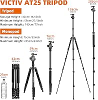 Victiv Kamera Állvány 205 cm Alumínium Utazó Tripod Golyós Fejjel 10 kg Teherbírás Levehető Monopod Hordtáskával Fekete 2