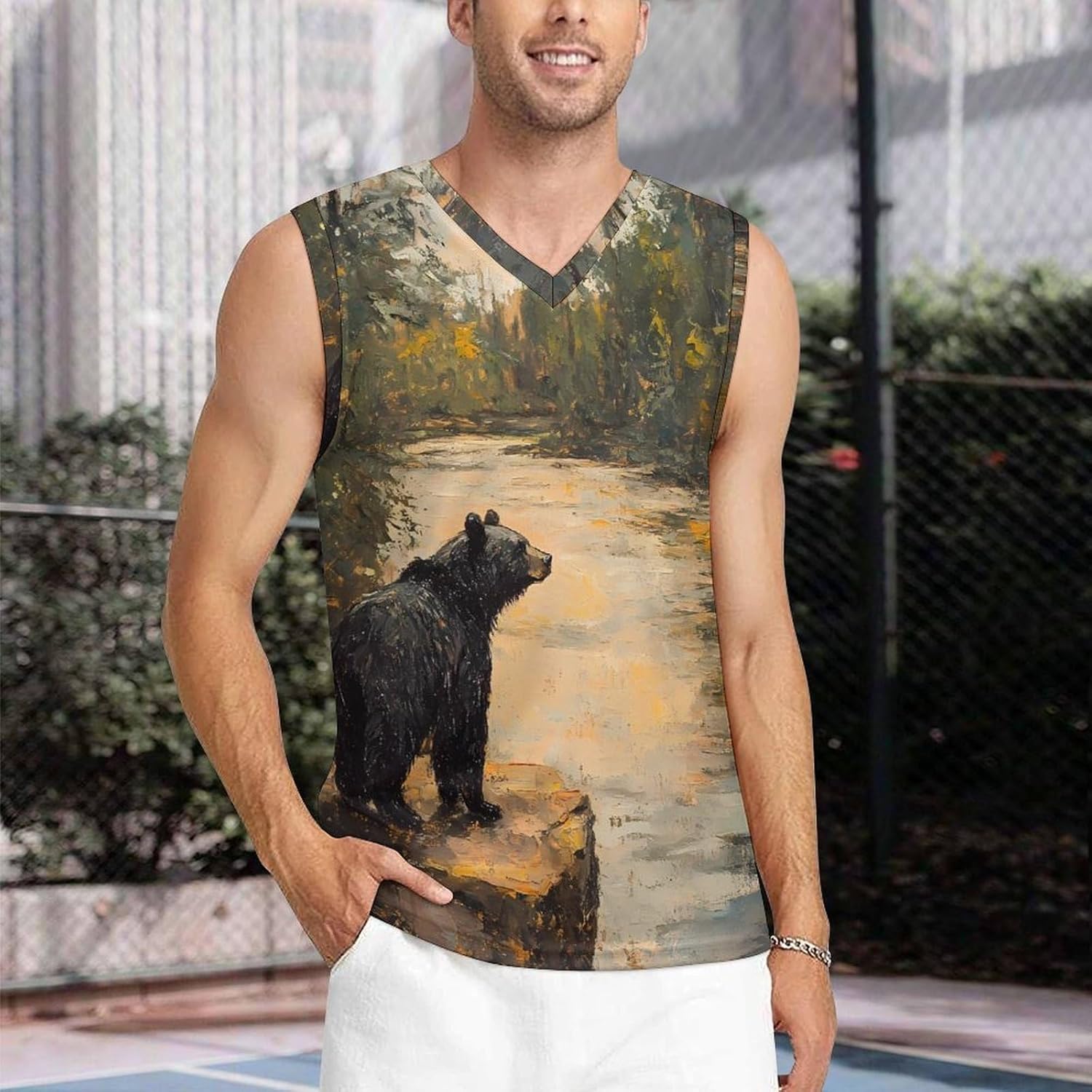 Lonely Black Bear Men's V-Neck Basketball Tank Top Sleeveless Workout Tank Shirts Gym Fitness Tees Vest