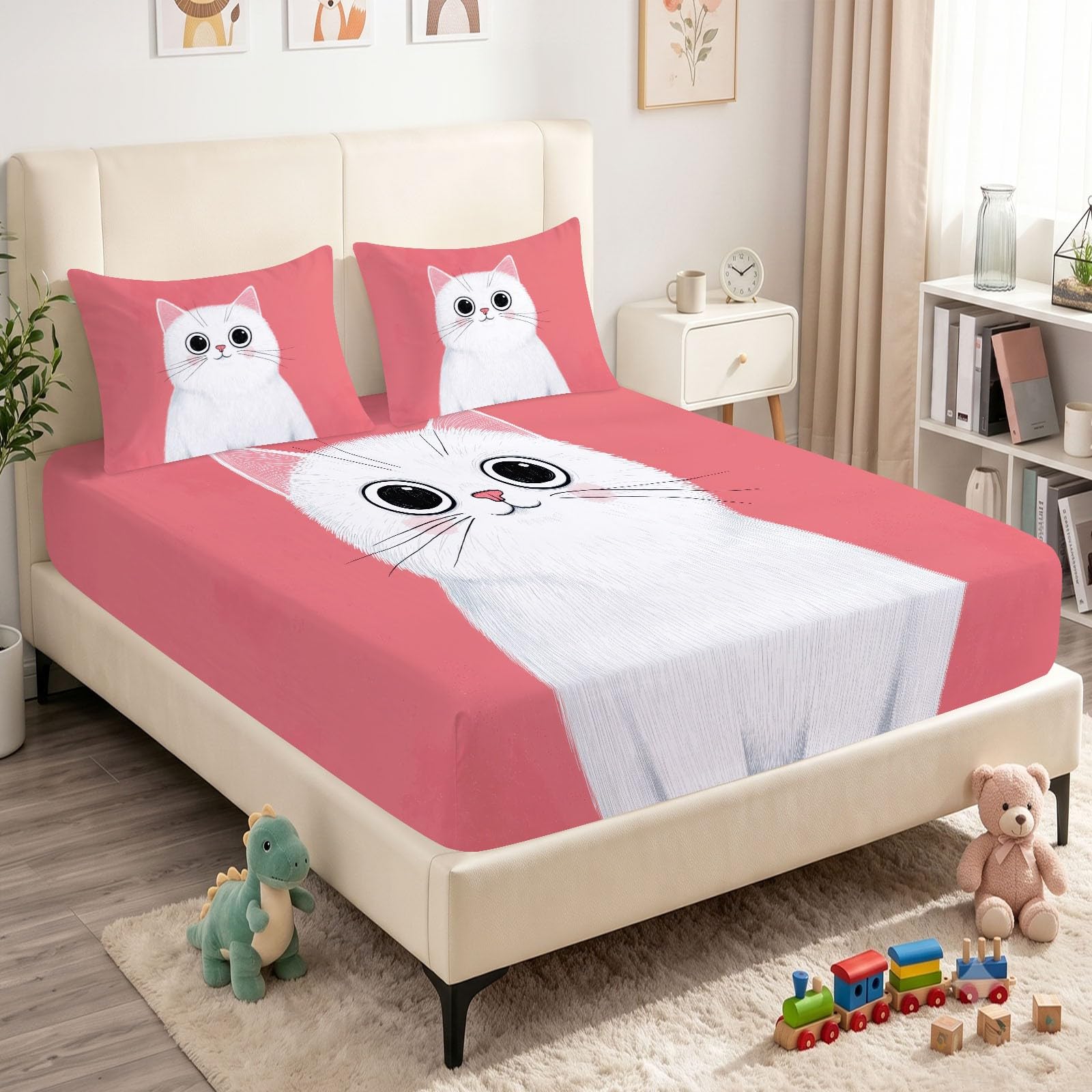 Juego de sábanas bajeras ajustables de 3 piezas, 90 x 200 cm, diseño de gato, de microfibra, color rosa, suave y agradable a la piel, transpirable, hipoalergénica, para colchones de hasta 30 cm de