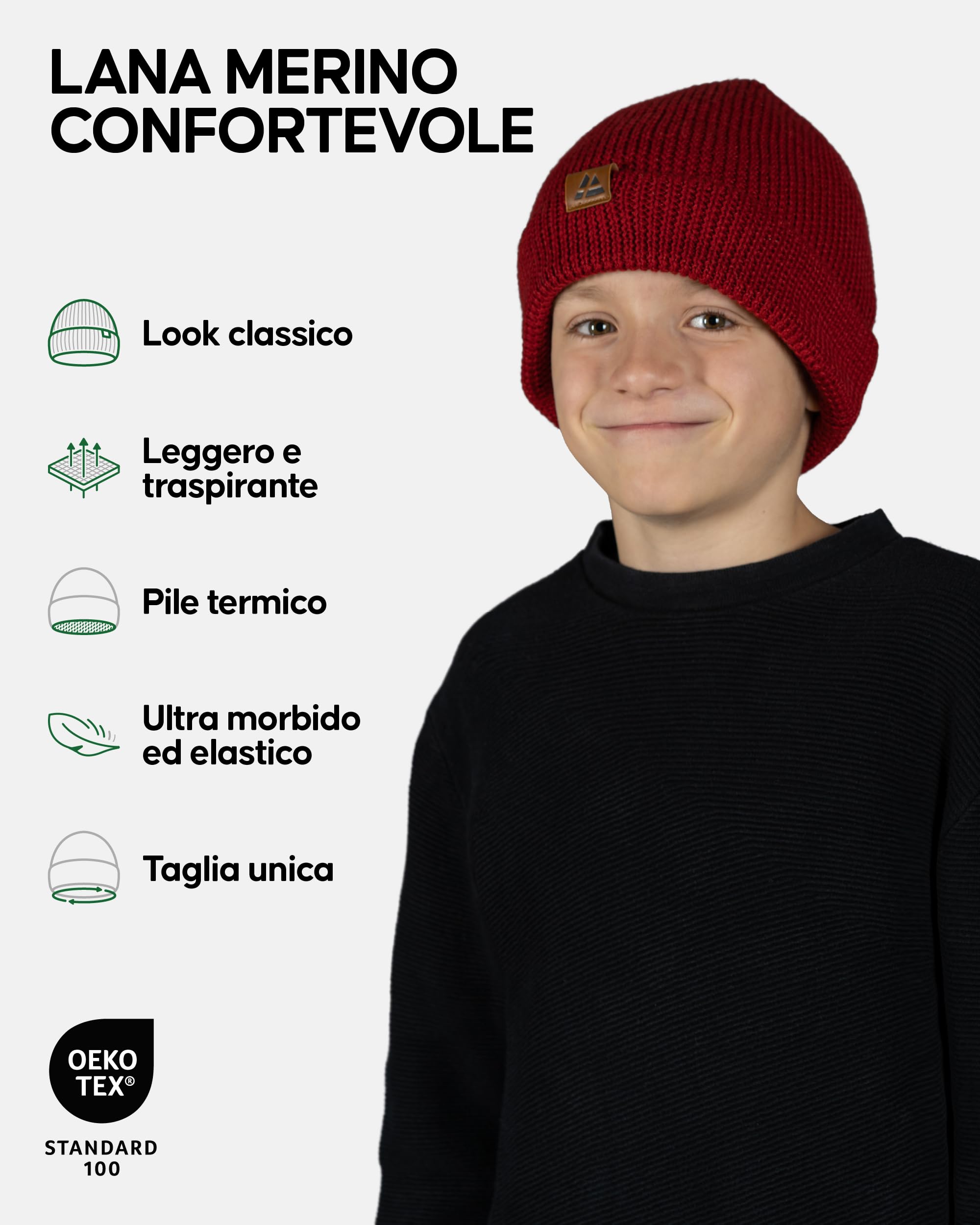 DANISH ENDURANCE Berretto Beanie in Lana Merino e Fodera Pile, Cappello in Maglia, Taglia Unica per Ragazzi e Ragazze, Beanie Invernale, Unisex,