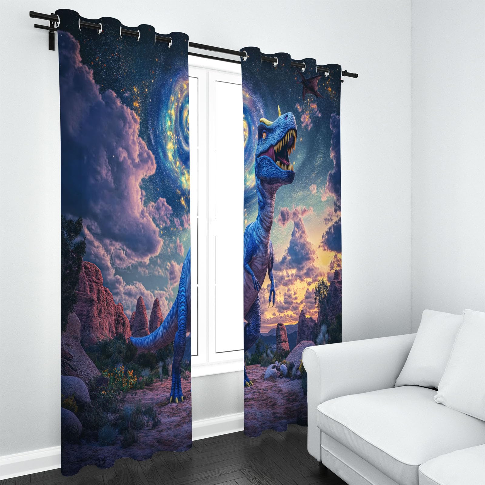 Rideau Occultant à Oeillets Science Fiction Dinosaure Lot de 2 Rideaux Thermique et Isolant Phonique Galaxie Tyrannosaure Rex Idéal pour la Décoration de Salon, Chambre à Coucher, 110 x 215cm