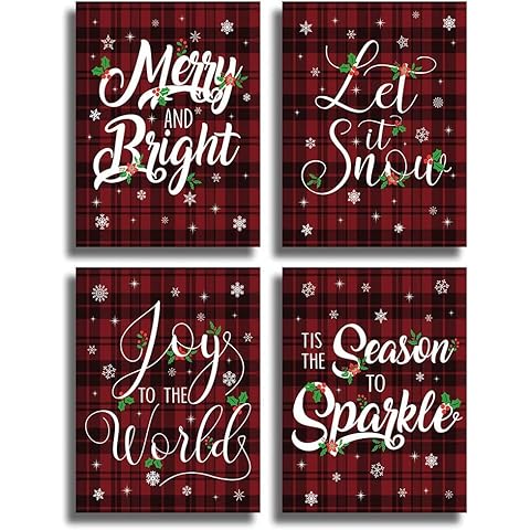 HPNIUB Christmas Art Prints Set of 4 (8”X10”,Frameless),Red Christmas Poster,Christmas Wall Art for Living Room,Snow Canvas Poster,Christmas Quotes Wall Decoration for Bedroom Kids Nursery Home Decor Cover
