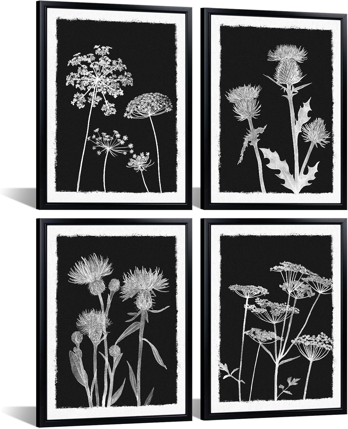 Visual Art Decor 4pcs 12"x16" Framed Minimalist Wildflower Prints Botanical Wall Art Rustic Framhouse Living Room Bathroom Bedroom Dining Room Wall Decor Picture (Black)