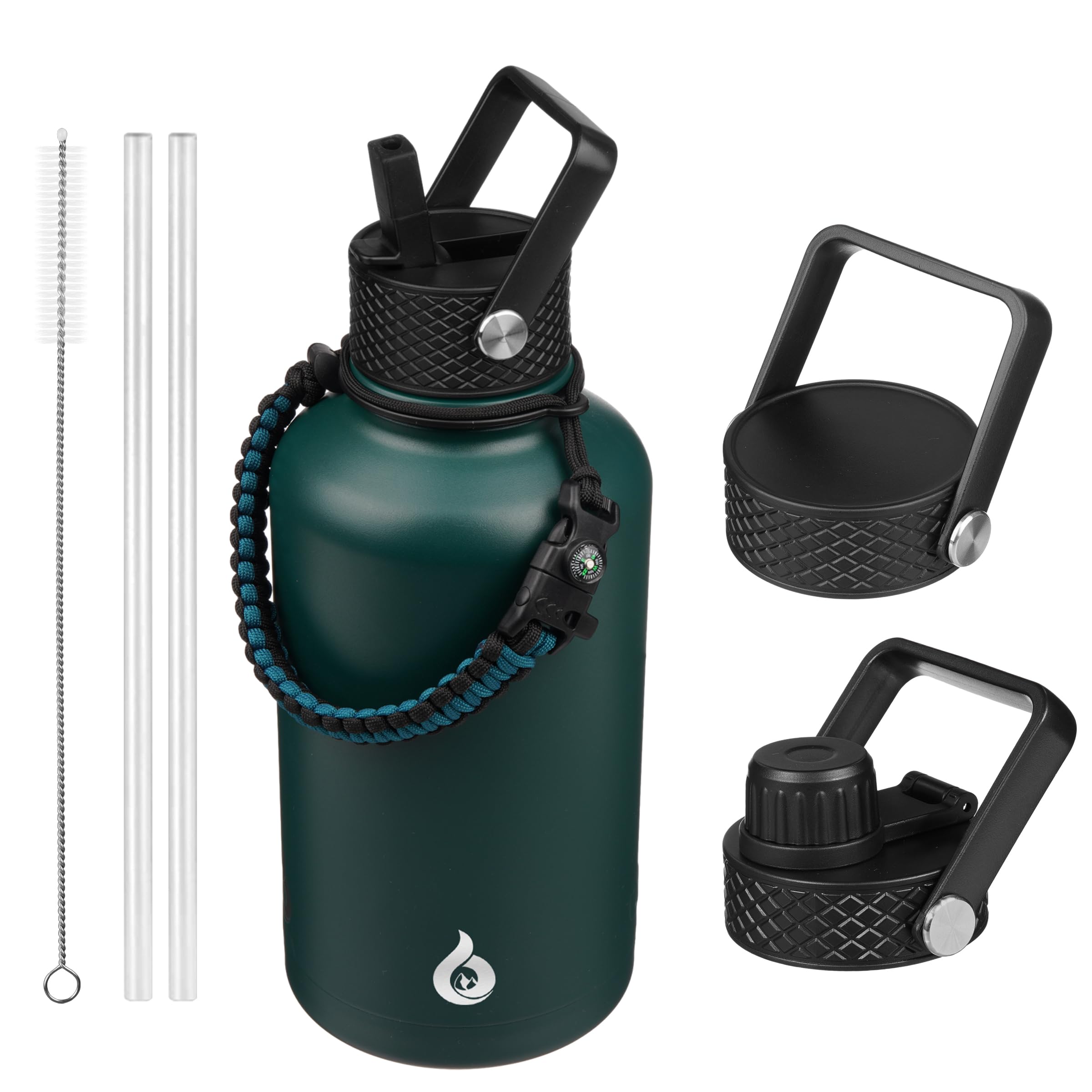 BJPKPK Half Gallon Insulated Water Bottles with Straw Lid, 64oz Large Water Jug, Stainless Steel Cups with 3 Lids and Paracord Handle, Thermos for Hot & Cold Liquid, Army Green — image 1