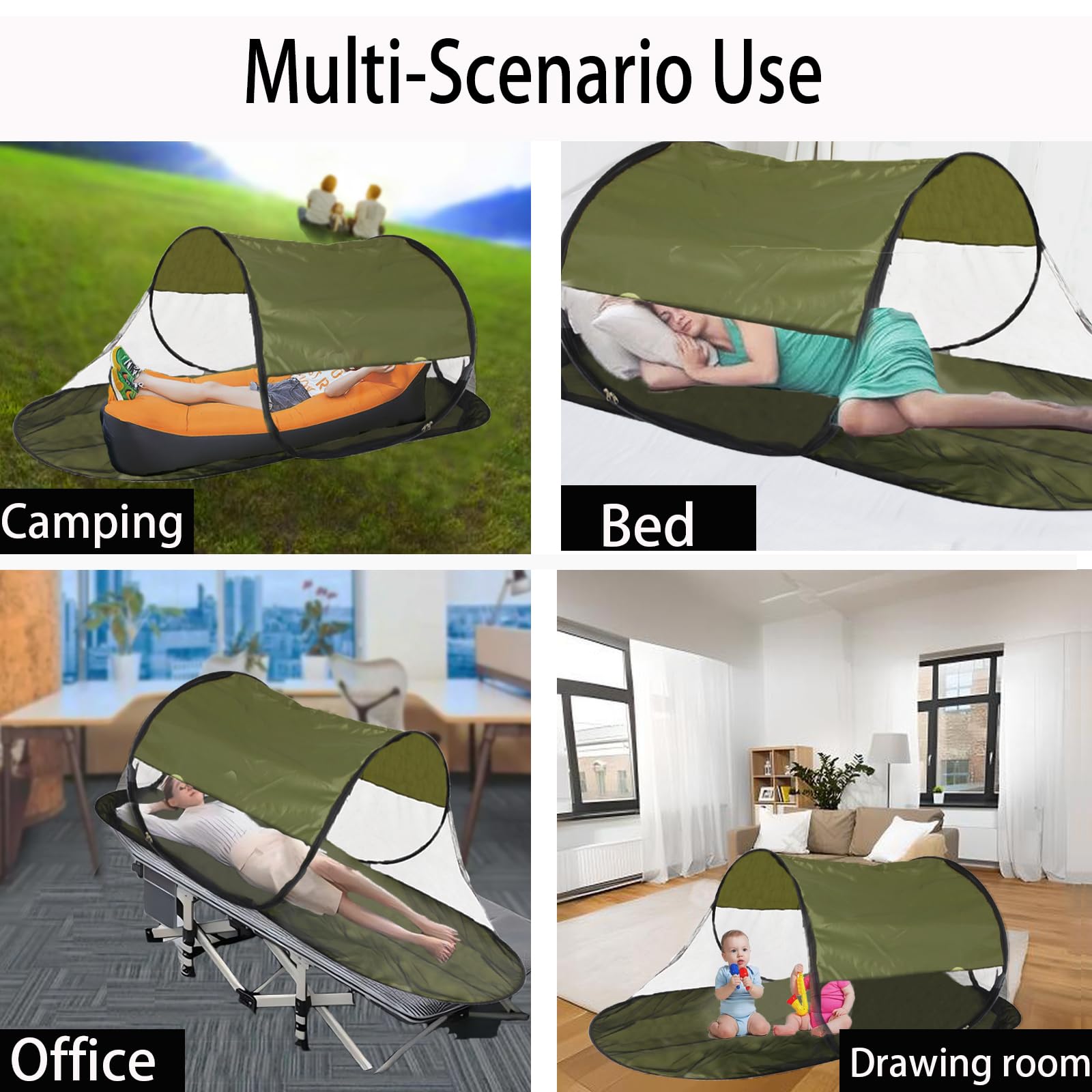 Mosquitera portátil desplegable para cama, viajes, campamento (parte inferior verde y parte superior verde)