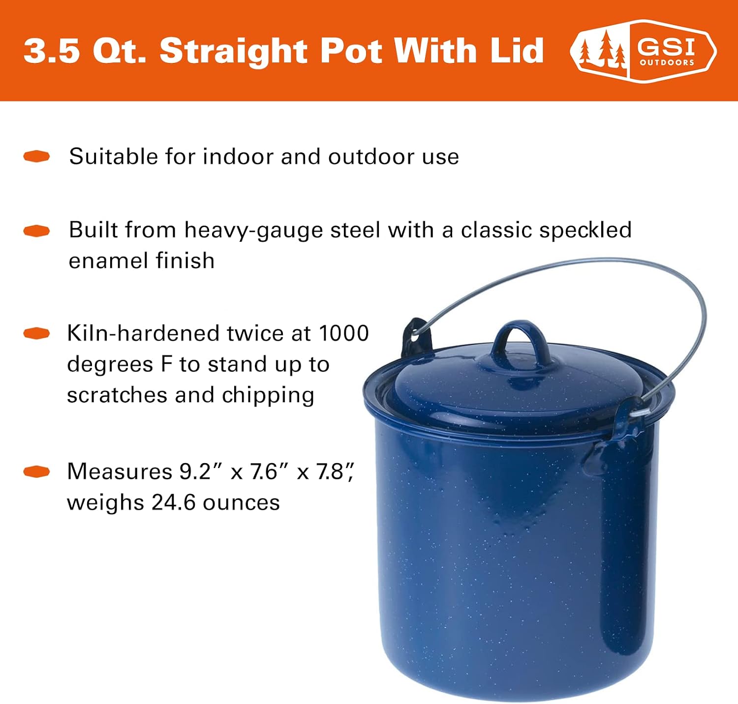 GSI Outdoors 3.75 qt Straight Pot w/Lid & Handle - Enamelware for Cooking Outdoors, Camping & Travel