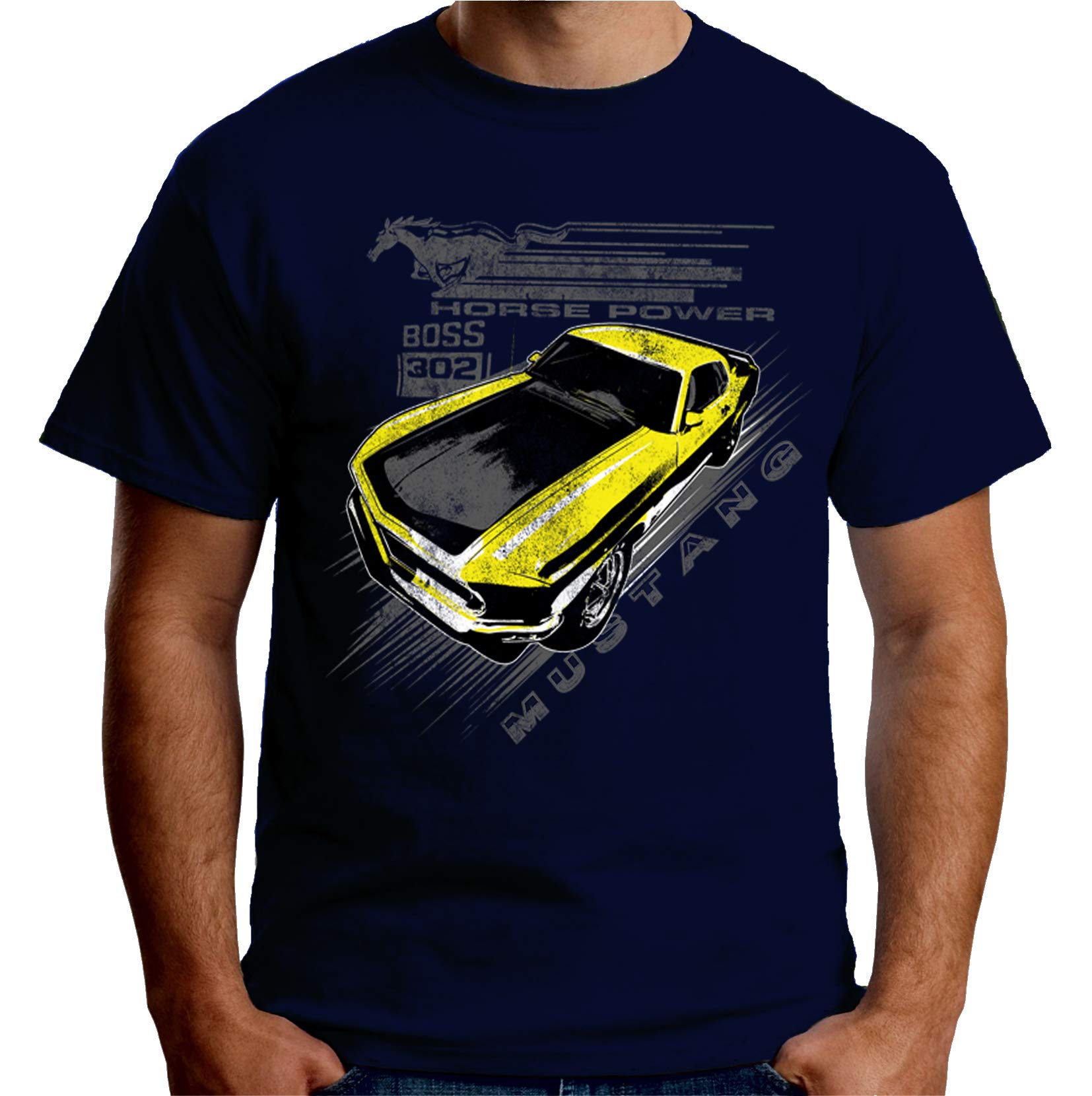 Velocitee Speed ShopMens T-Shirt Genuine Licensed Ford Boss 302 Yellow Mustang A21280
