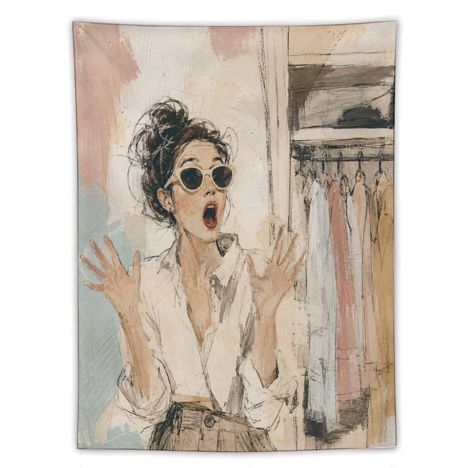 H3B8U2Y5 Surprised Fashion Woman Wall Tapestry, Watercolor, Sunglasses