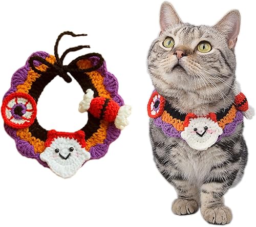Miniatura 1 de Lindo collar de gato hecho a mano de ganchillo babero para gato y perro, adorable colección de disfraces de mascotas ajustable para gatito,