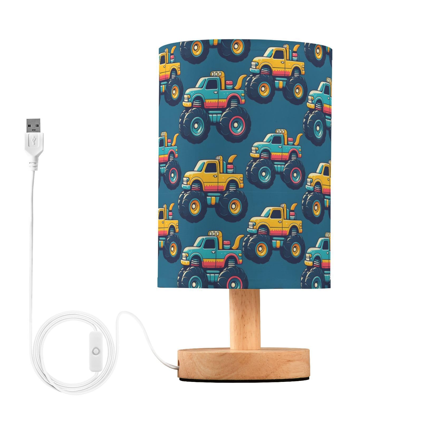 Mnsruu Bedside Table Lamp Colorful Monster Trucks Dark Blue Bedside Lamps LED Light Desk Lamp Fabric Shade Small Lamp for Bedroom Living Room (Bulb Included)