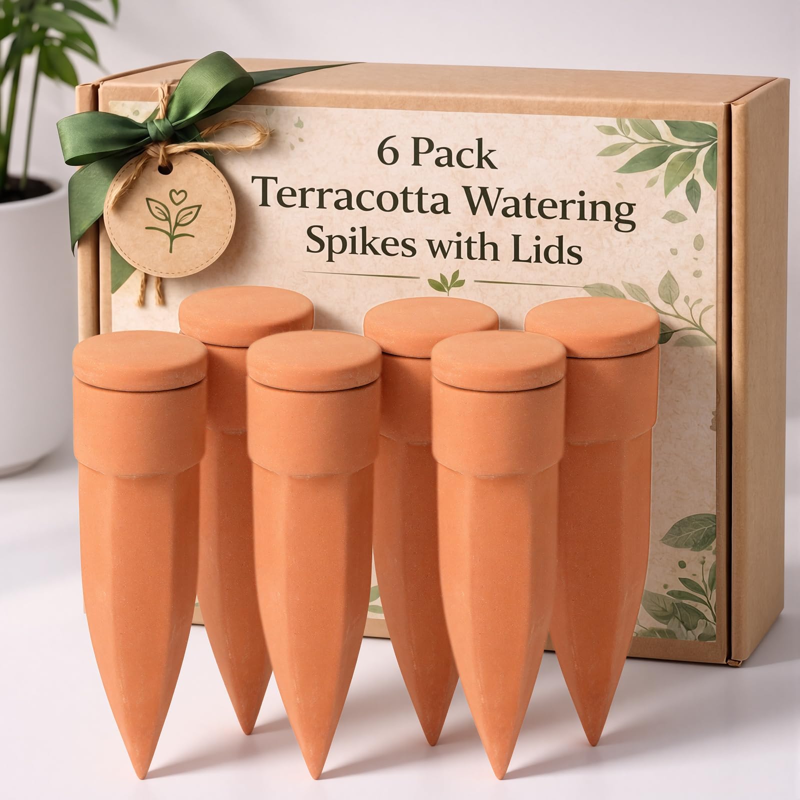 Honeydak Terrakotta-Bewässerungsspikes mit Deckel, automatische Selbstbewässerung für Weinflaschen, Innen- und Außenbereich, Pflanzen, Urlaub, Garten, 6 Stück