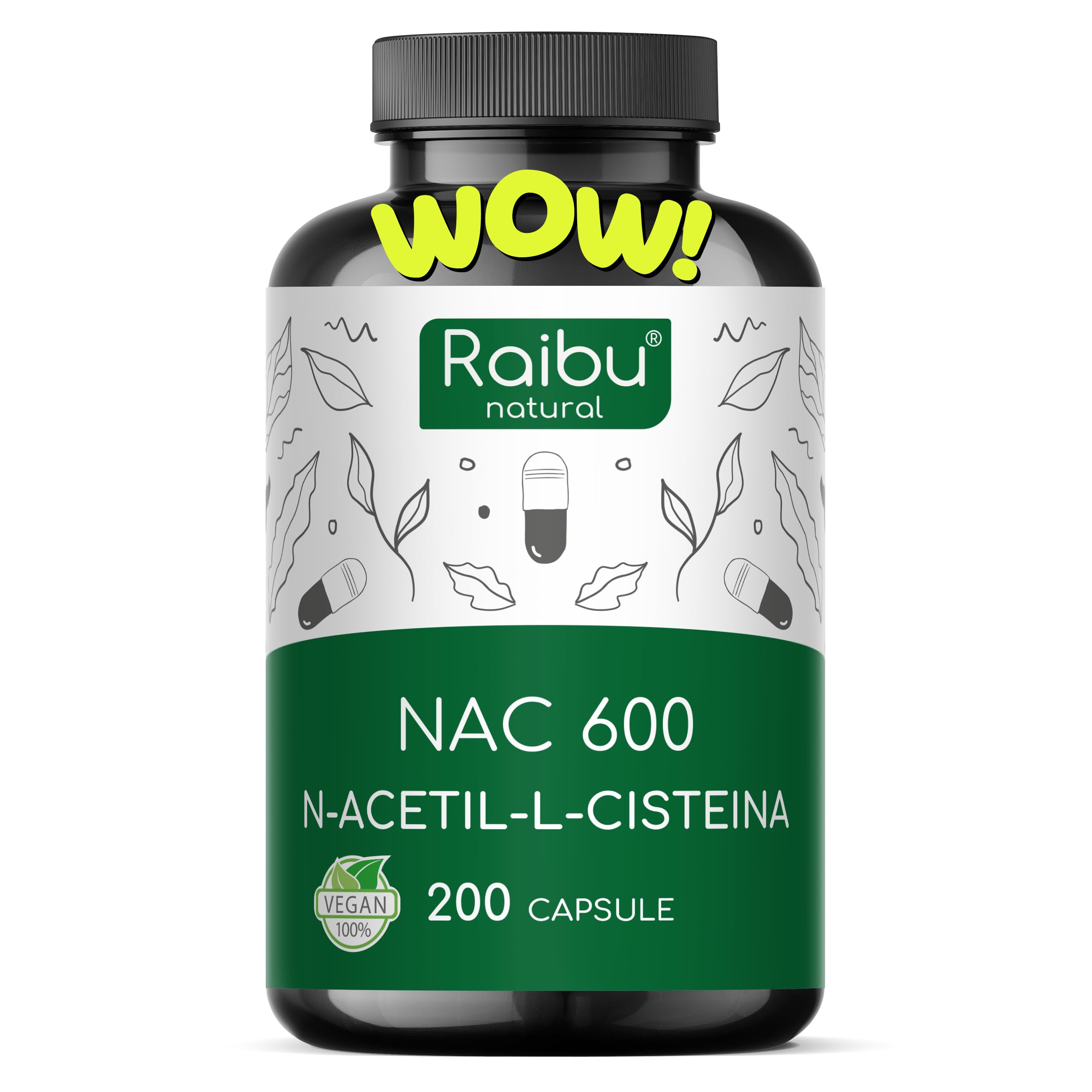 NAC N-Acetil-Cisteina 600mg - 200 capsule - 100% NATURALE - Vegano e senza additivi - Altamente dosato - Qualità Premium - Prodotte da Raibu