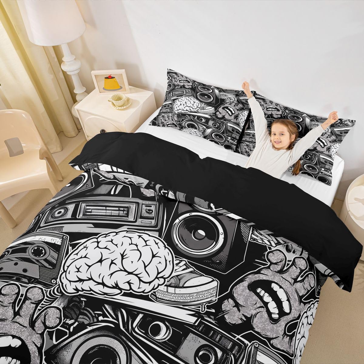 Feelyou Graffiti Bedding Set for Teens Boys Full Rock Music Theme Duvet Cover Set Hip Hop Comforter Cover Set Kids Teenage Street Art Quilt Cover Hippie Room Decor Bedding with 2 Pillow Shams (3Pcs)