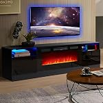 oneinmil Fireplace TV Stand with 36" Electric Fireplace, LED Light Entertainment Center, Modern Wood Texture Entertainment Stand with Highlight Storage Cabinet for TVs Up to 80", 70 inches, Black
