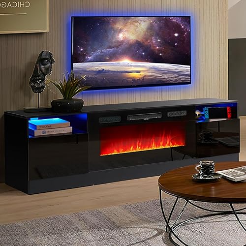 Miniatura 2 de oneinmil Soporte de TV con chimenea eléctrica de 36 pulgadas, centro de entretenimiento con luz LED, soporte de entretenimiento con textura de Negro