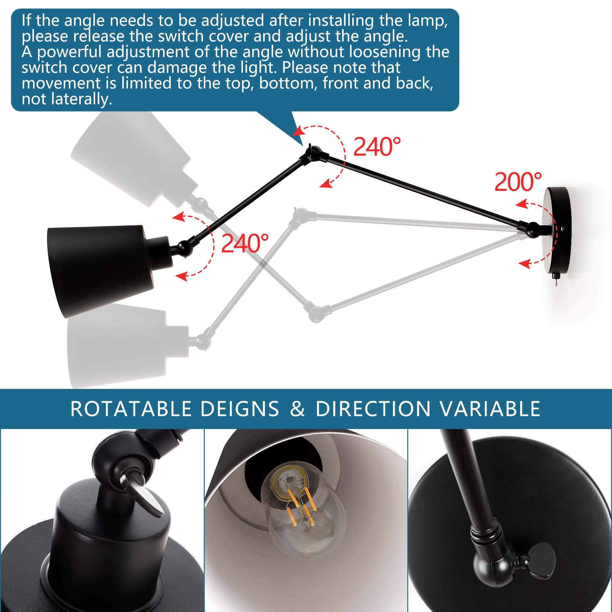 MantoLite Lampade da Parete Braccio Oscillante con Interruttore, 60CM Lampada da Comodino Luce Di Lettura, Nera Opaca Specchio da Camera Illuminazioni per Pareti Lampade Applique (Includi lampadina)