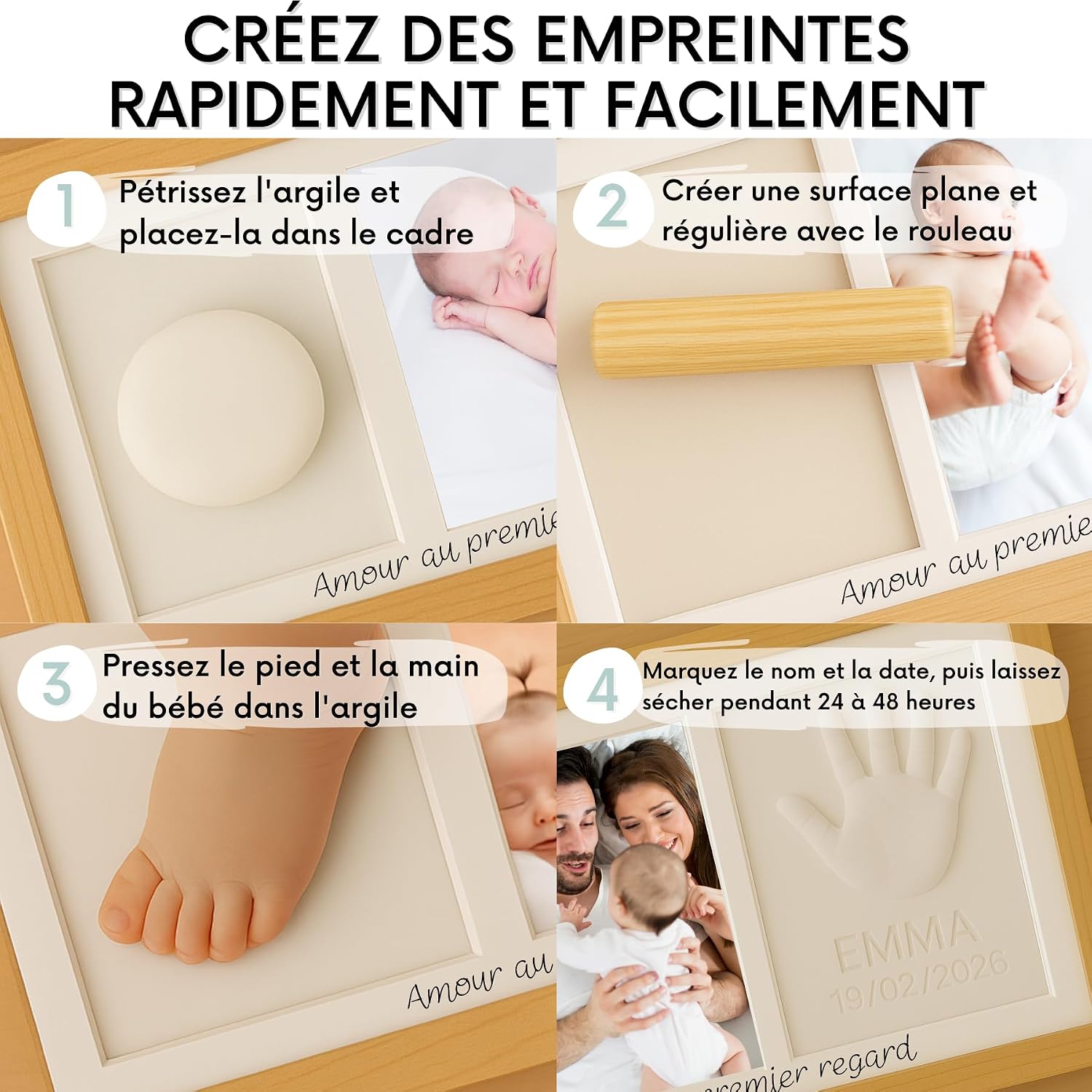 HuBorns - Cadre Empreinte Main Pied Bebe avec Argile Anti-fissuration, Kit Empreinte Bebe pour Cadeau Bebe Naissance, Cadre Empreinte Bébé avec Matériaux de Qualité (Bois lettré) — image 5