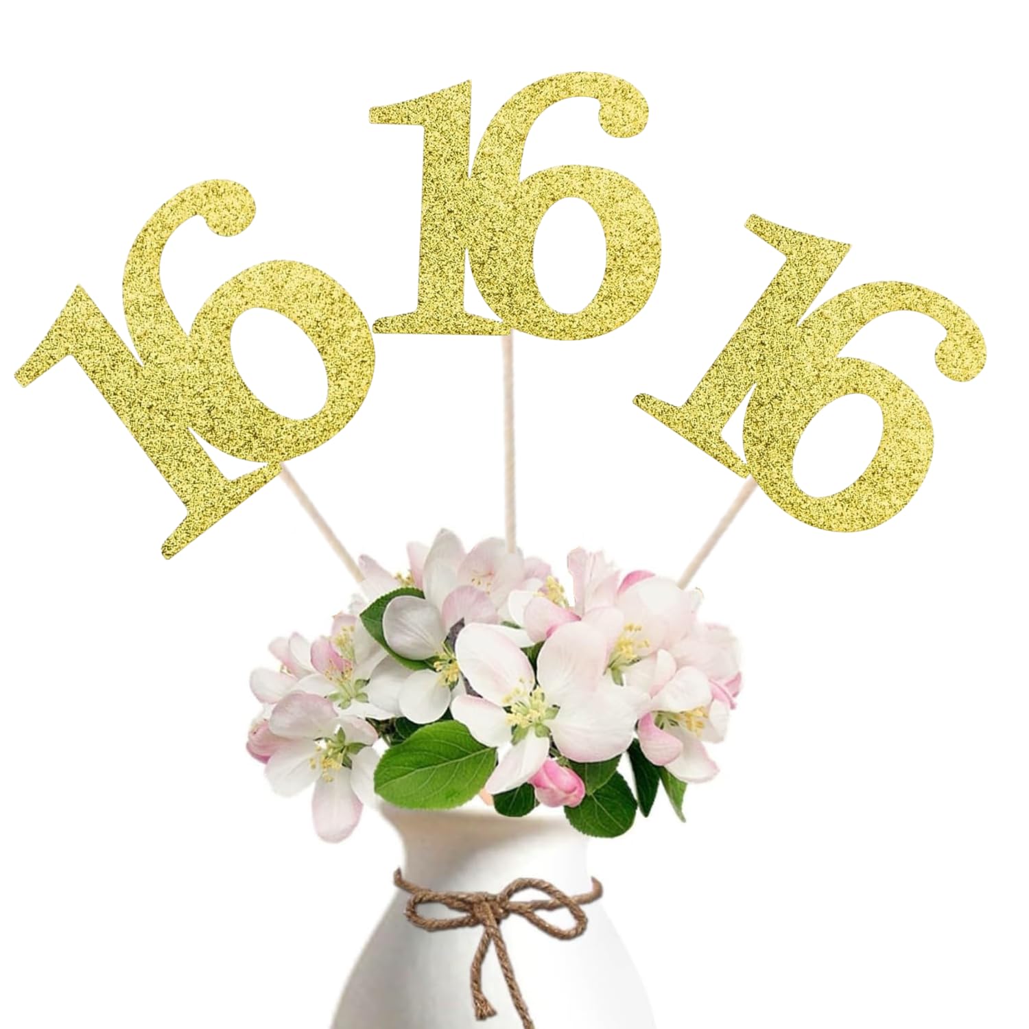 10-Pack Double Sided Glitter 16th Birthday Centerpiece Anniversary Centerpiece Sticks, Number 16 Table Topper Cake Topper for 16th Birthday