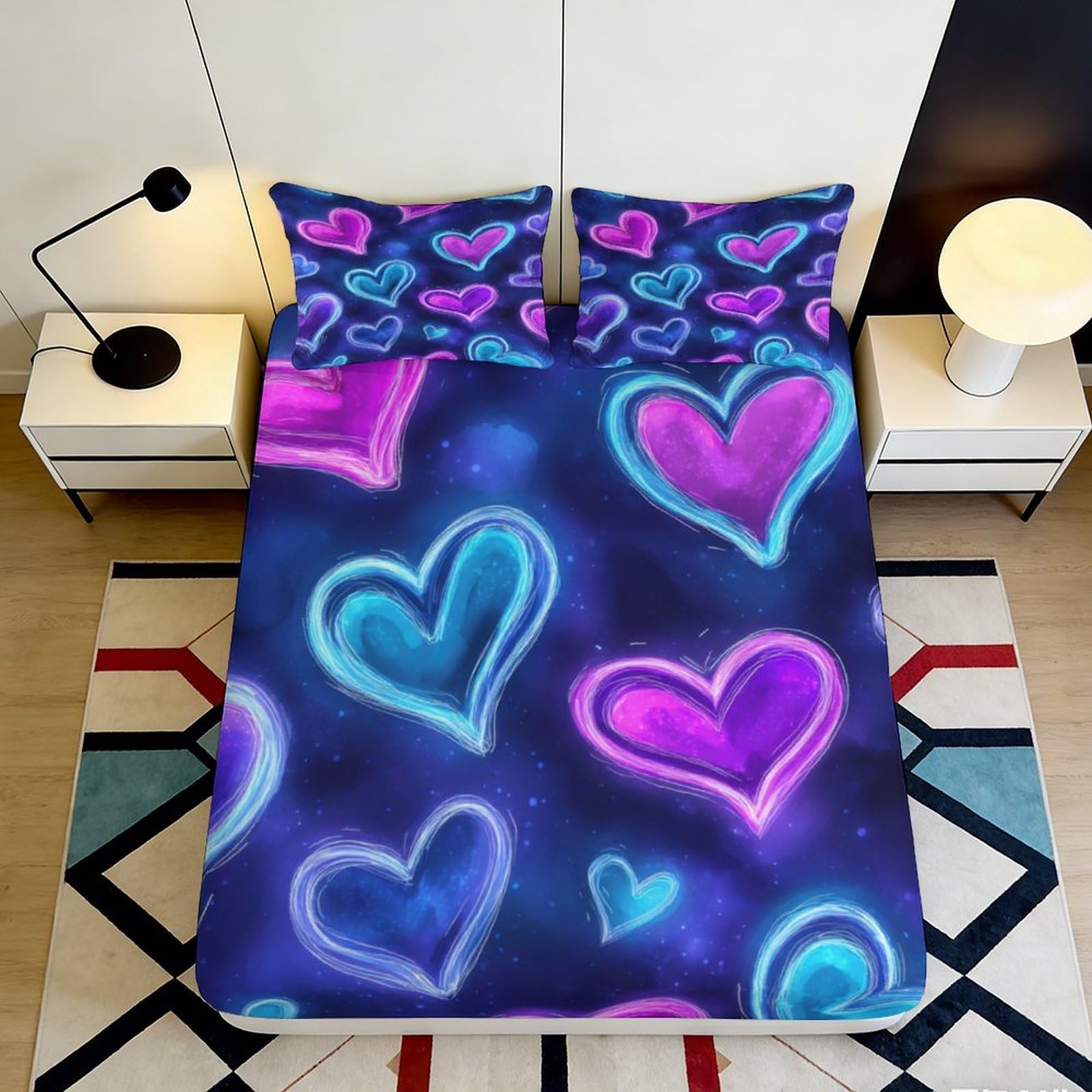 3D Printed Neon Heart Fitted Sheet Microfiber Soft Breathable Glowing Pattern Bed Cover for Bedroom Dormitory Guest Room Mattress Protection 140x200x25cm