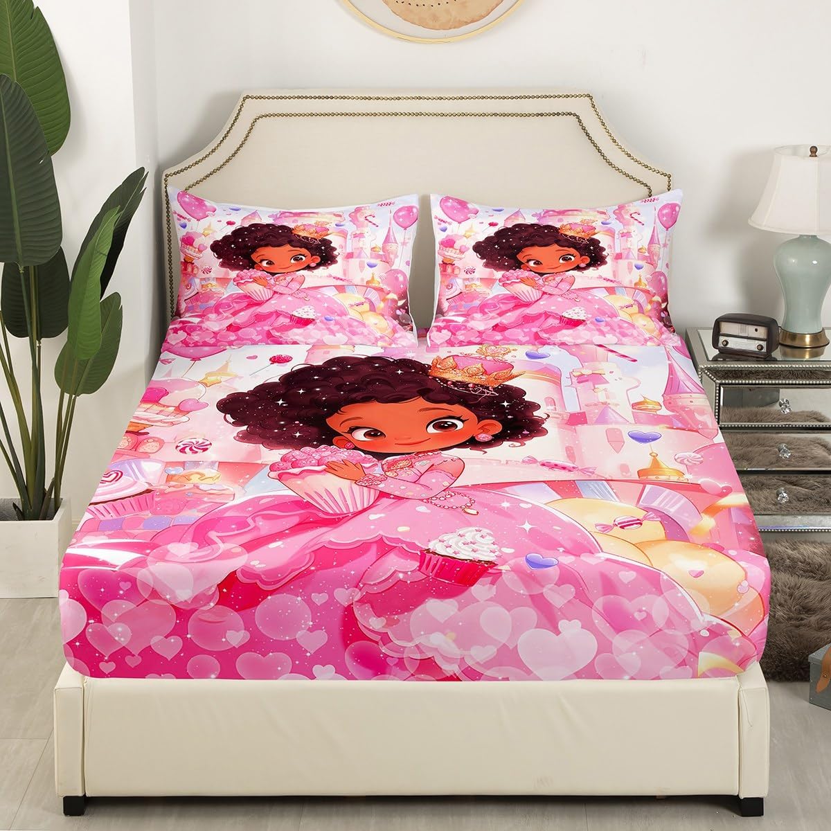 Manfei Black Princess Bed Sheet Queen Set,Sweet Dessert Birthday Cake Pink Sheet Sets Adults Bedroom Decor,Dreamy Castle Love Hearts Balloon Starry Bedding Set with Flat,Fitted Sheet,2 Pillows