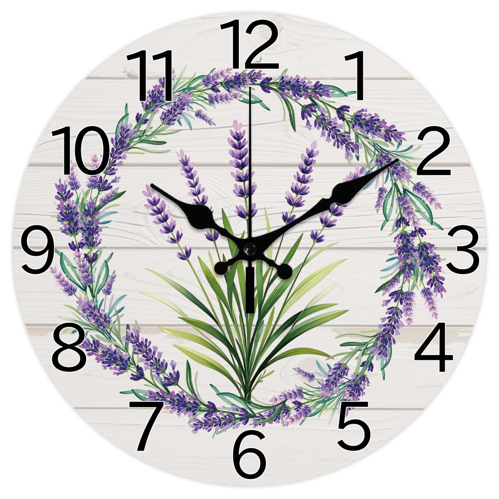 CHGCRAFT Lavender Wreath Pattern Wall Clock 12 Inch Non-Ticking Gift Box Clocks Round Wall Hanging Clock Battery Operated for Bedroom Living Room Kitchen Office