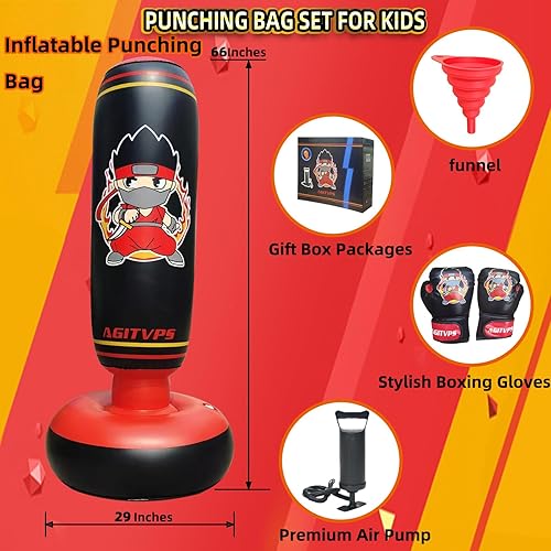 Miniatura 6 de Juego de saco de boxeo inflable, saco de boxeo de 66 pulgadas para niños y niñas de 8 a 12 años con guantes de boxeo para niños, súper bomba de
