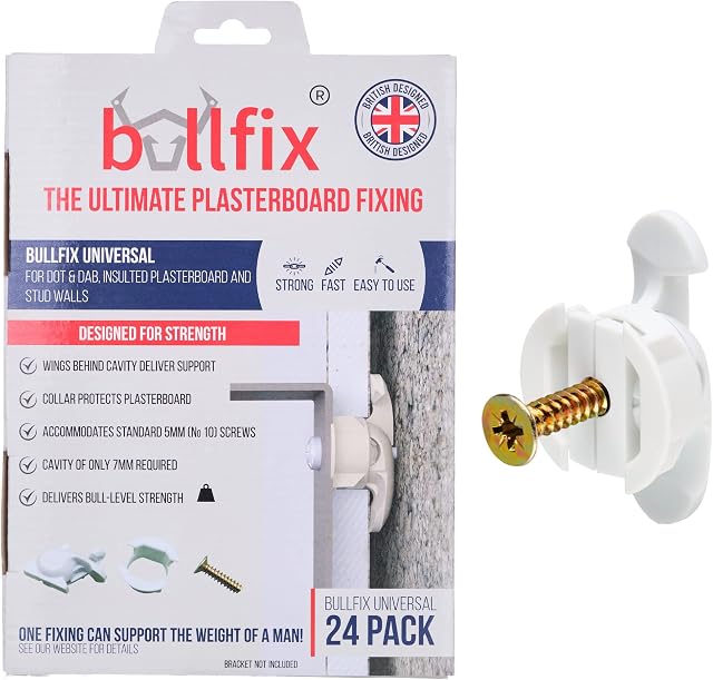 Bullfix 'Universal' 24 Pack - Heavy Duty Plasterboard Fixings, Drywall Anchor for Dot & Dab, Insulated Plasterboard, Stud Wall & Hollow Cavity Walls, DIY or Trade Fittings