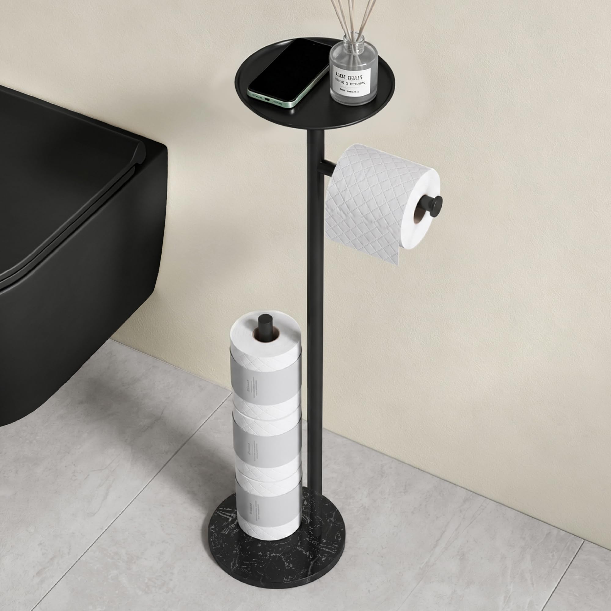 Mai & Mai Portarotolo Carta Igienica da Terra con Mensola, Nero | Portarotolo Autoportante con Ripiano Superiore, Inox 304+Marmo Fuso, Carico 5kg, 4 Cuscinetti Antiscivolo, Lino-06