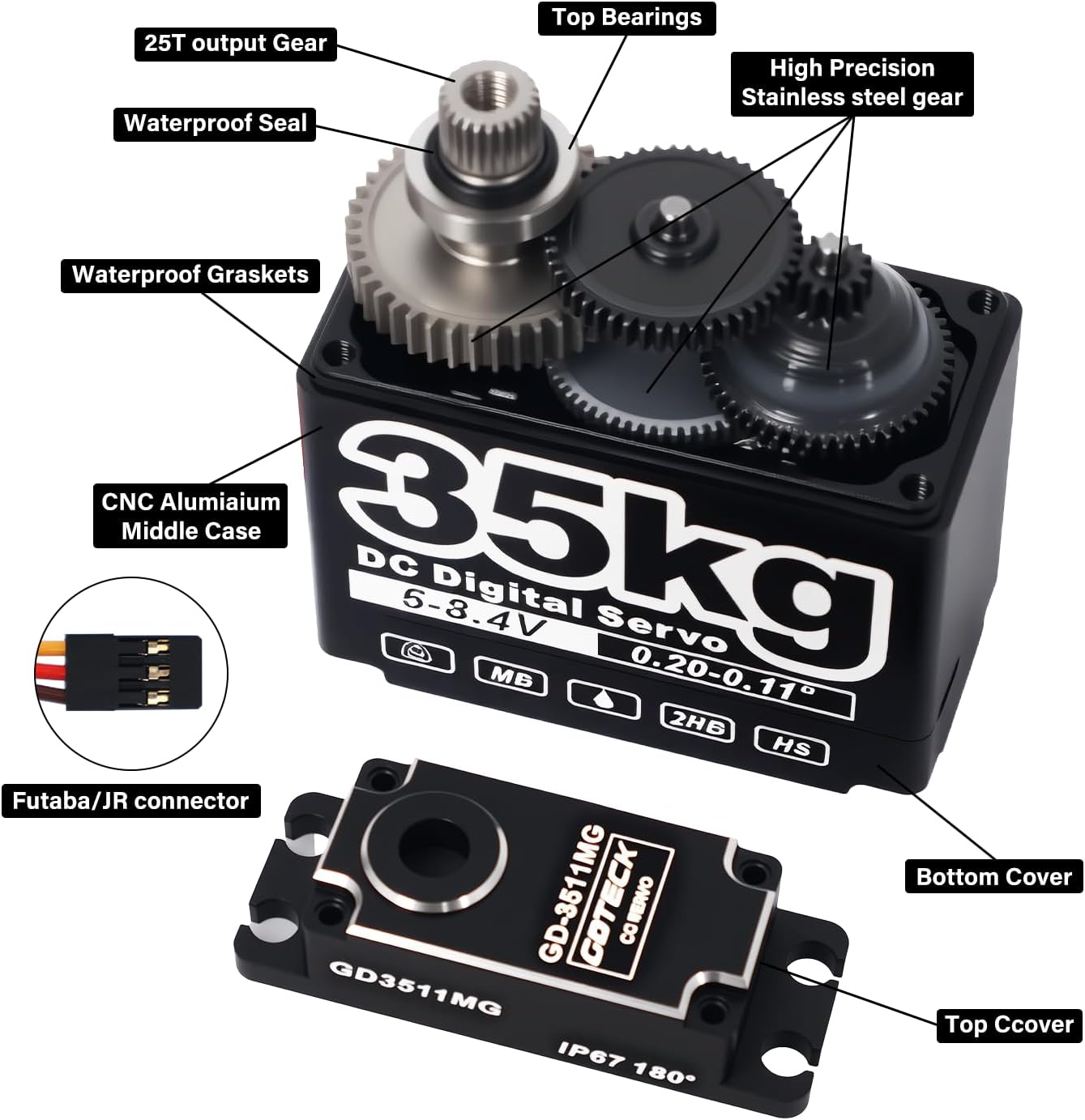 GOTECK 35KG Digital Servo,Large Torque 8.4V Full Metal Gear IP67 Waterproof Steering Servo with 25T Servo Horn for 1/8 1/10 1/12 RC Crawler Car,Robot,Boat,Truck Robot Parts (35KG(8.4V)-180°)
