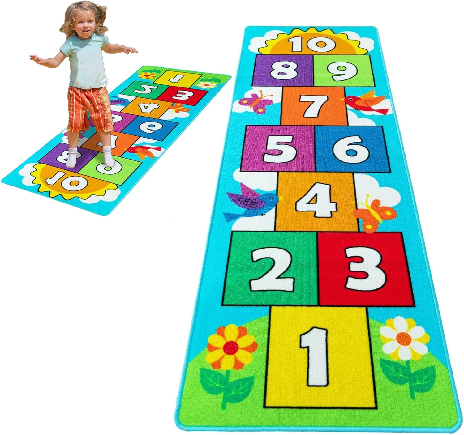 Hop & Count Hopscotch Rug for Kids, Floor Play Area Rug Game Carpet Crawl Jump Mat, Skid-Proof Backing, Great Gift for Boys Girls, Room Decor, Classic Hopscotch Rug for Preschool Playroom