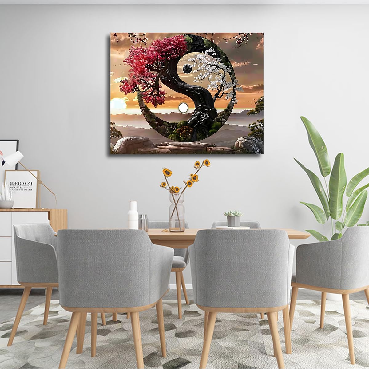 Cuadro Lienzo Yin Yang Flores Rojas & Blancas Árbol 65x85cm