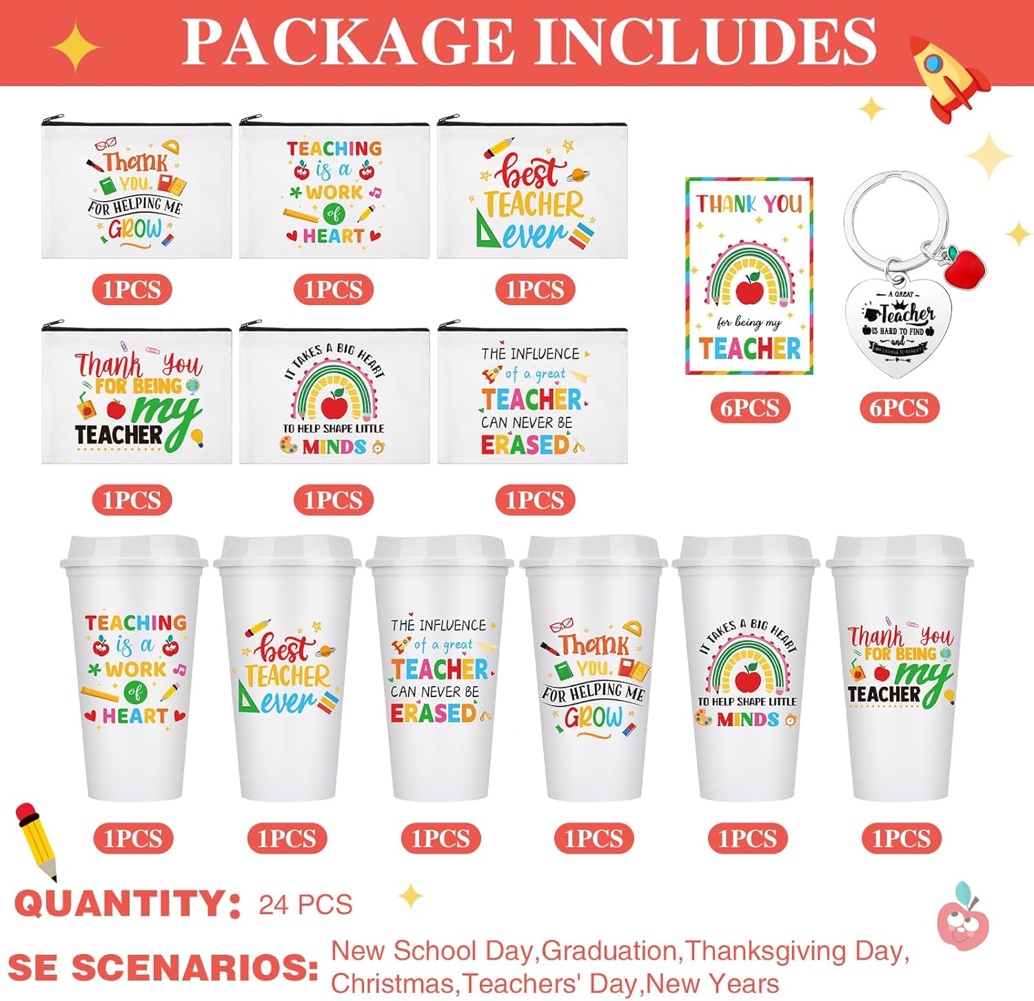 Skylety 24 Pcs Funny Valentine's Day Teacher Appreciation Gifts for Women Teachers Presents End of Year Gifts 16oz Reusable Coffee Cup Makeup Pouch Keychains Greeting Card for Valentine Teacher's Day - Image 2