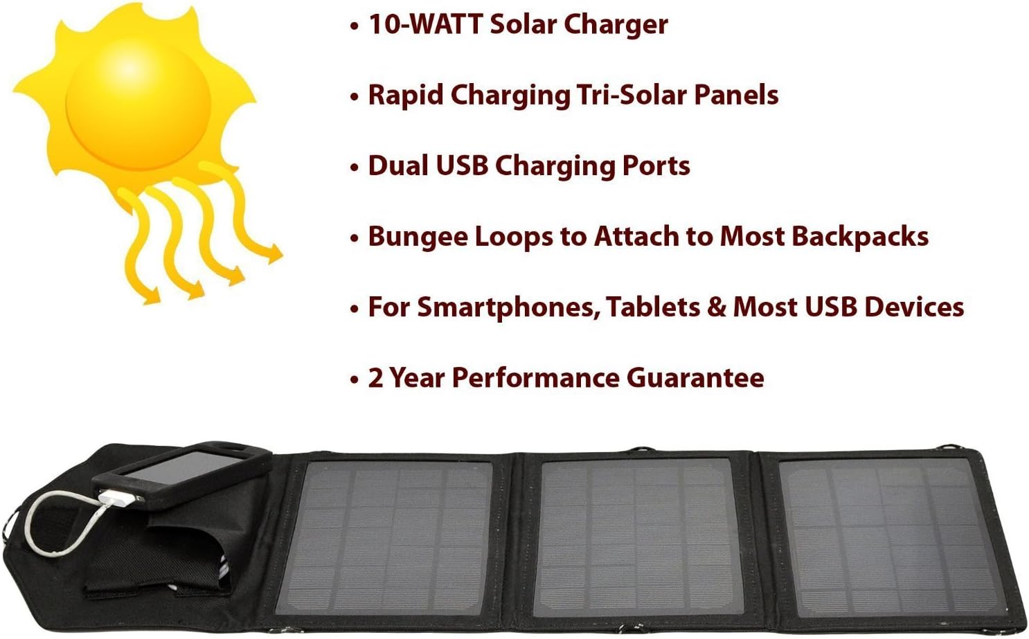Opteka SP-10W Universal 10-WATT Triple-Panel Rapid Solar Charger with 2 USB Ports for 47st Photo Kindle Fire, Fire HD, Paperwhite, & Ink Tablets
