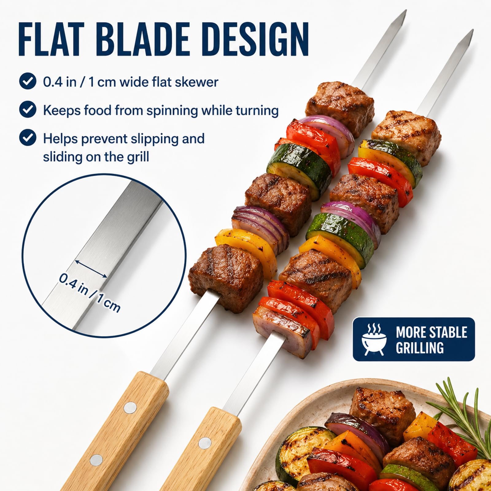 IMEEA Paquete de 8 brochetas planas para barbacoa de 55 cm, de acero inoxidable, 1 cm de ancho, con mango de madera, pincho de metal