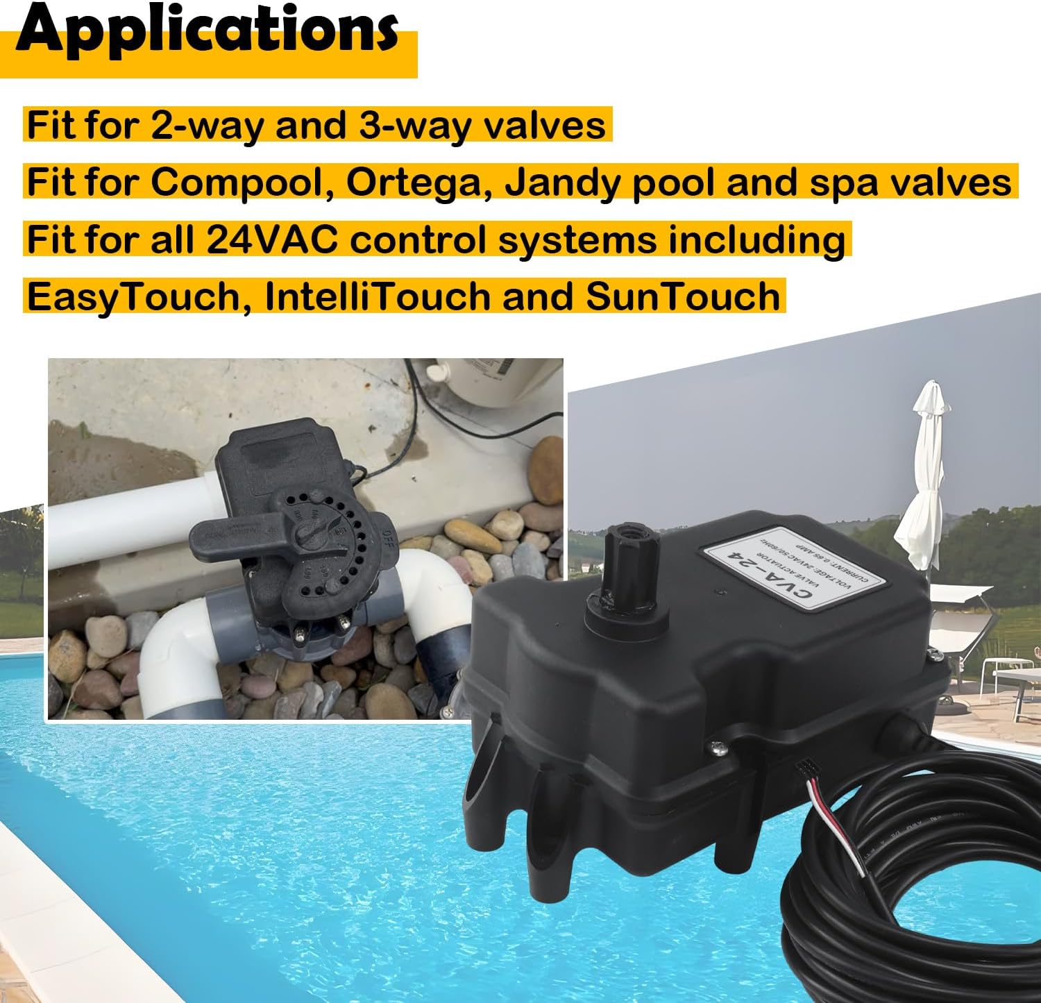 CVA-24T Valve Actuator for Pentair 263045, 24V AC 180° Rotation w/ 25Ft Cable, Compatible with Compool, Ortega, Jandy 2 & 3-Port Pool and Spa Valves, Fits EasyTouch IntelliTouch SunTouch
