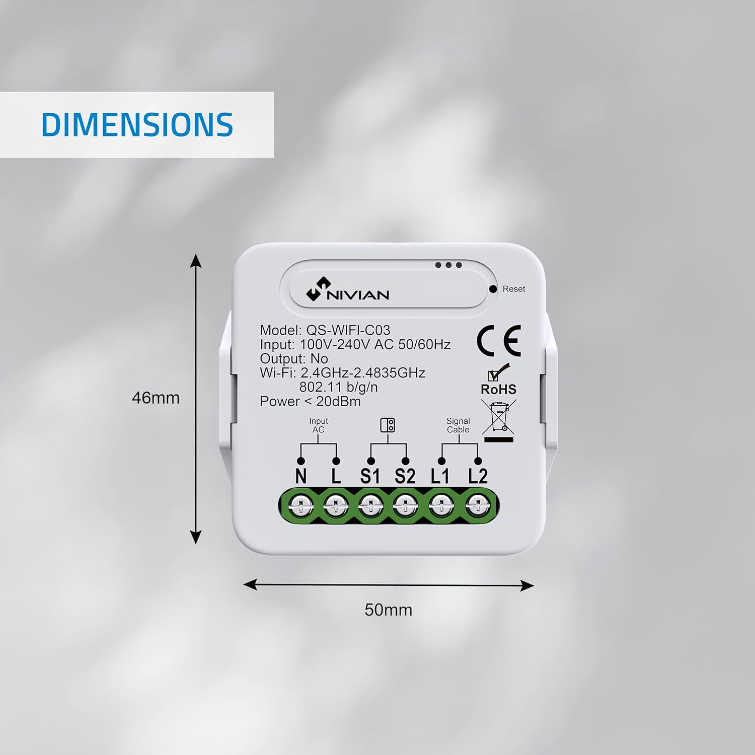 Diagram showing the dimensions of the NIVIAN WiFi Smart Garage Door Controller.