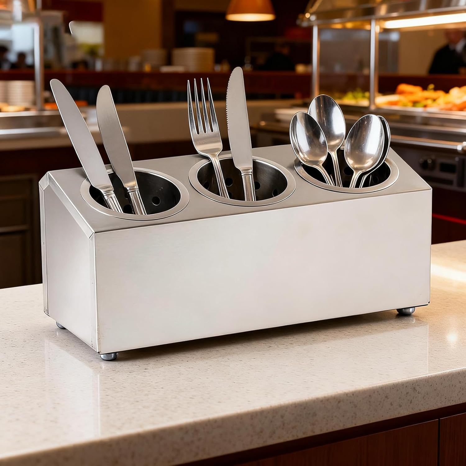 3 Compartments Commercial Utensil Holder, Stainless Steel Cylinder Flatware Silverware Utensil Holder Organizer Caddy, Silverware Organizer Countertop, 3 Perforated Cylinders