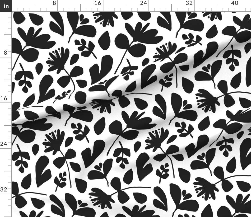 Spoonflower Fabric - Floral Silhouette Flowers Black White Leaves Hand Large Botanical Fern Printed on Cotton Poplin Fabric by The Yard - Sewing Shirting Quilting Dresses Apparel Crafts